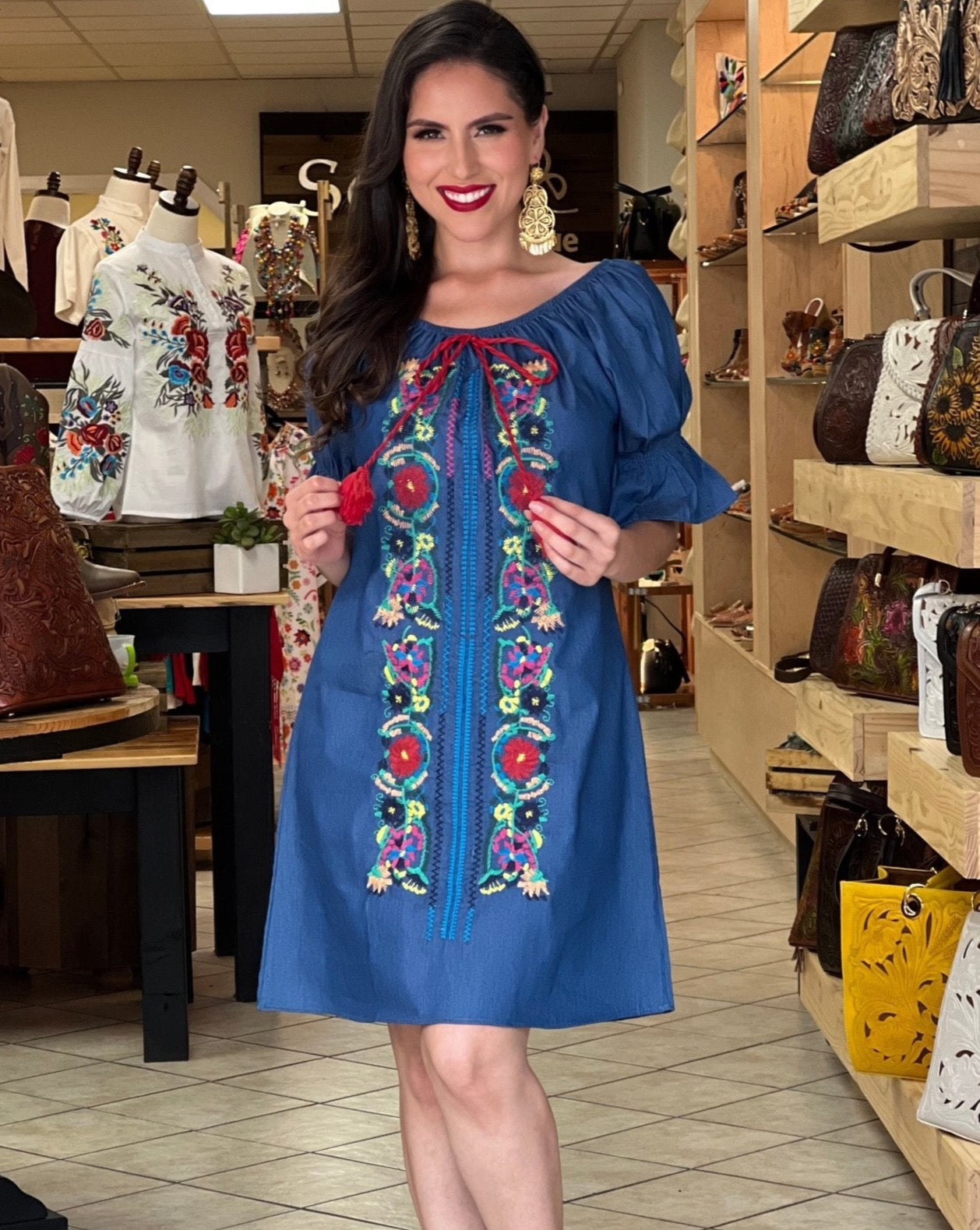 Mexican Floral Embroidered Jean Dress. Vestido Alejandra - Solei Store