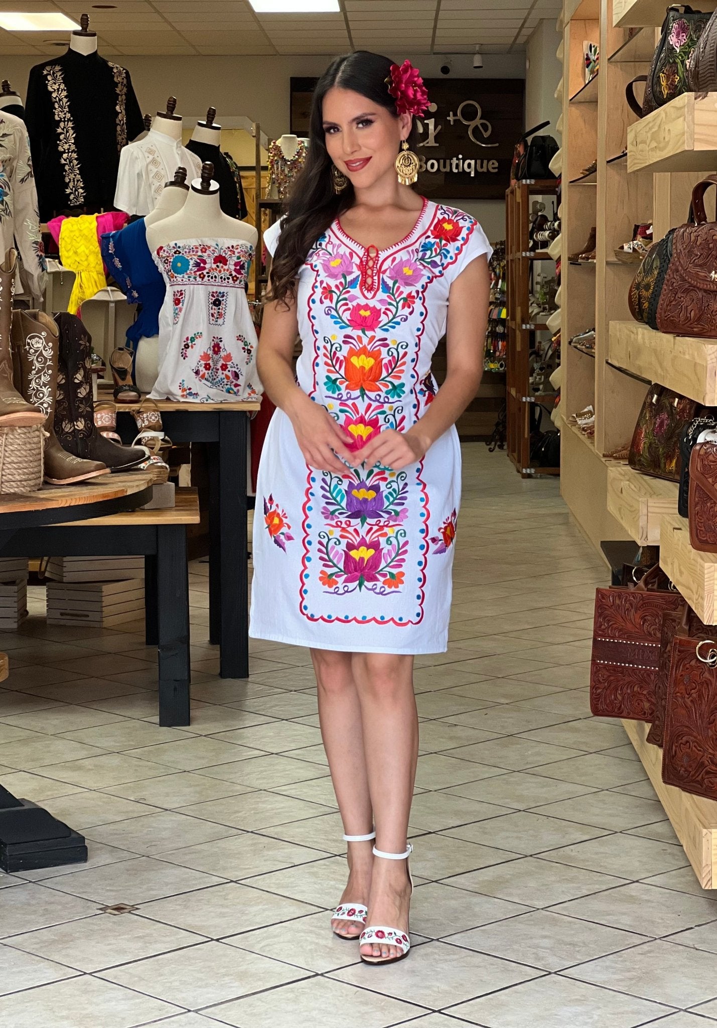 Mexican Floral Embroidered Kimono Dress. Vestido Kimono Flores Corto - Solei Store