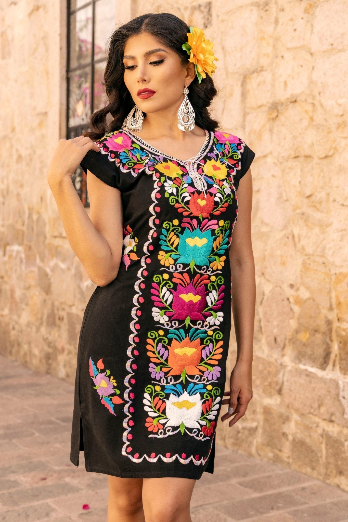 Mexican Floral Embroidered Kimono Dress. Vestido Kimono Flores Corto - Solei Store