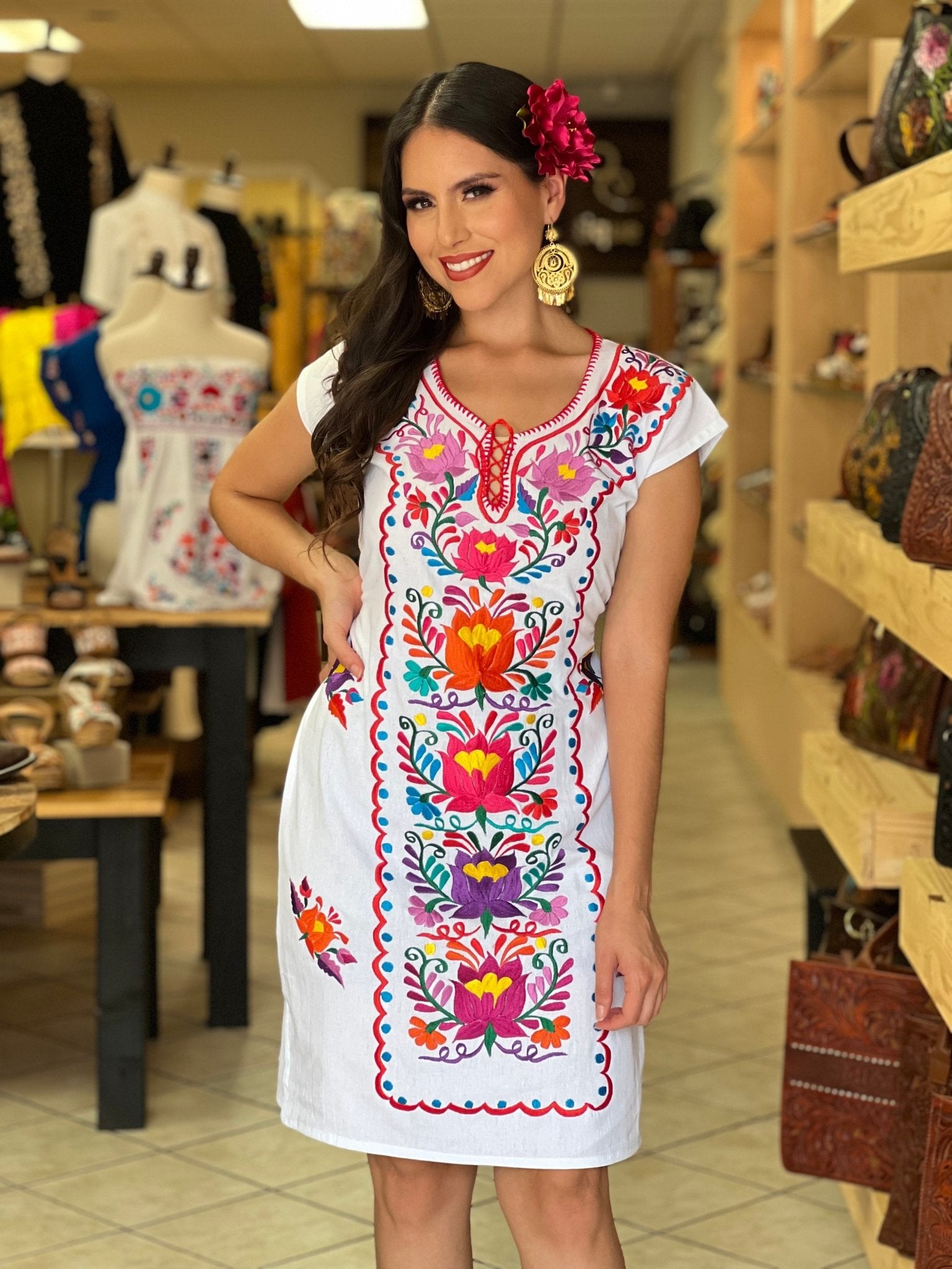 Mexican Floral Embroidered Kimono Dress. Vestido Kimono Flores Corto - Solei Store