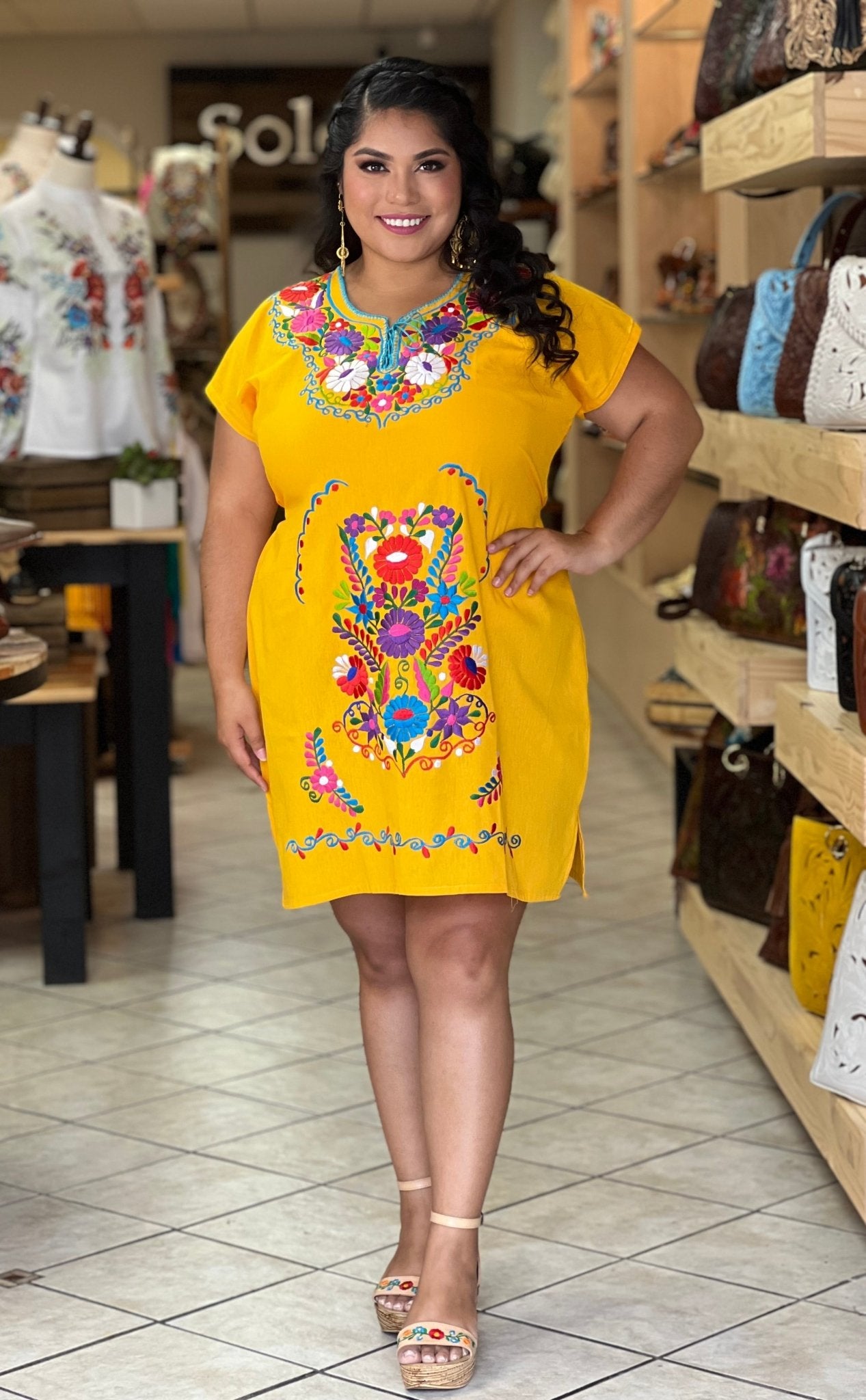Mexican Floral Embroidered Midi Kimono Dress. Vestido Kimono Corto - Solei Store