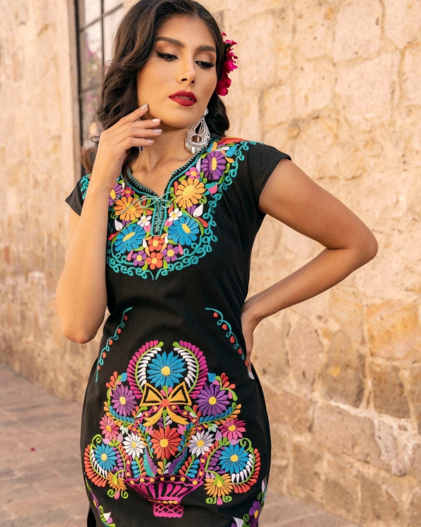 Mexican Floral Embroidered Midi Kimono Dress. Vestido Kimono Corto - Solei Store