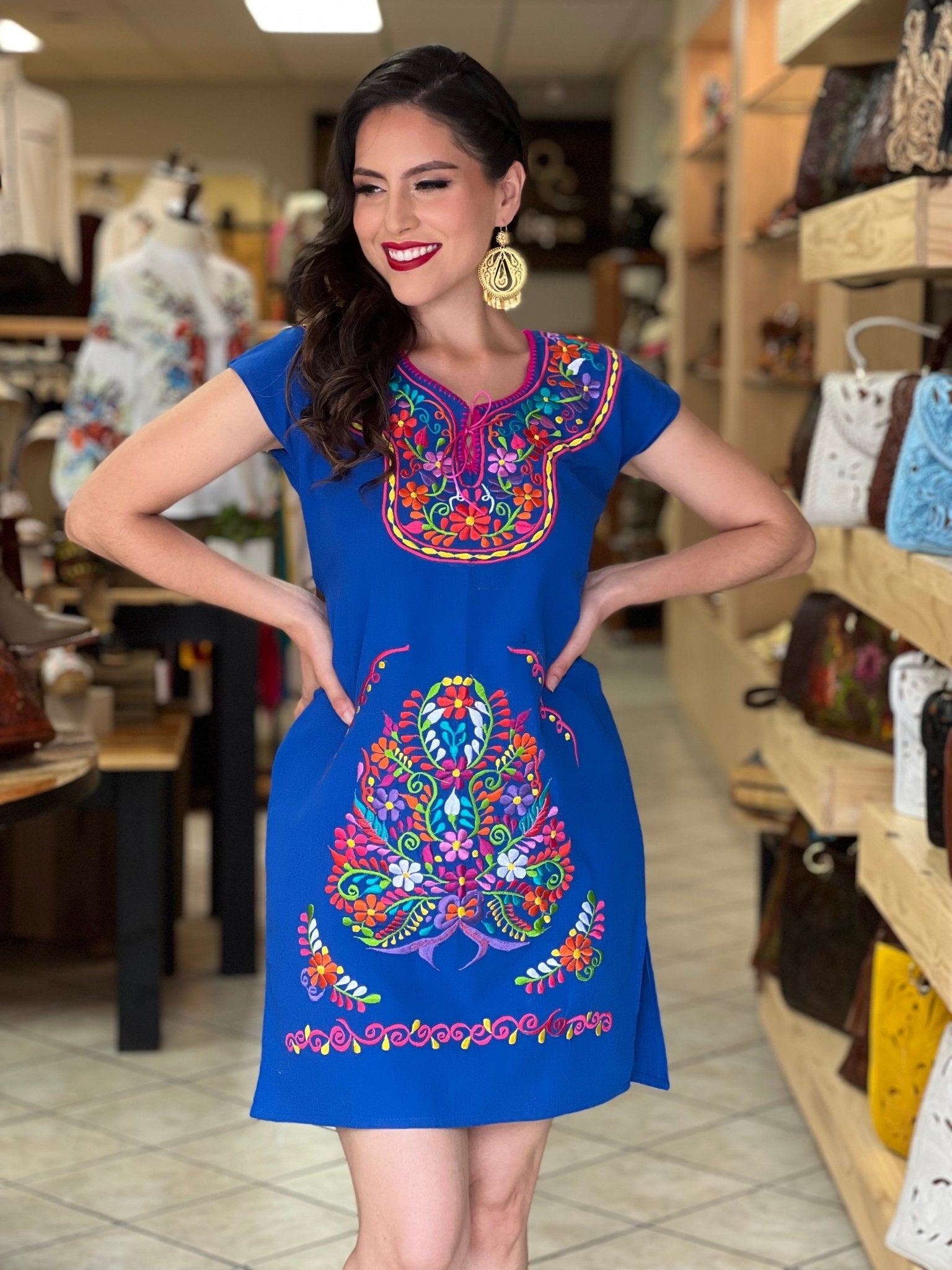Mexican Floral Embroidered Midi Kimono Dress. Vestido Kimono Corto - Solei Store