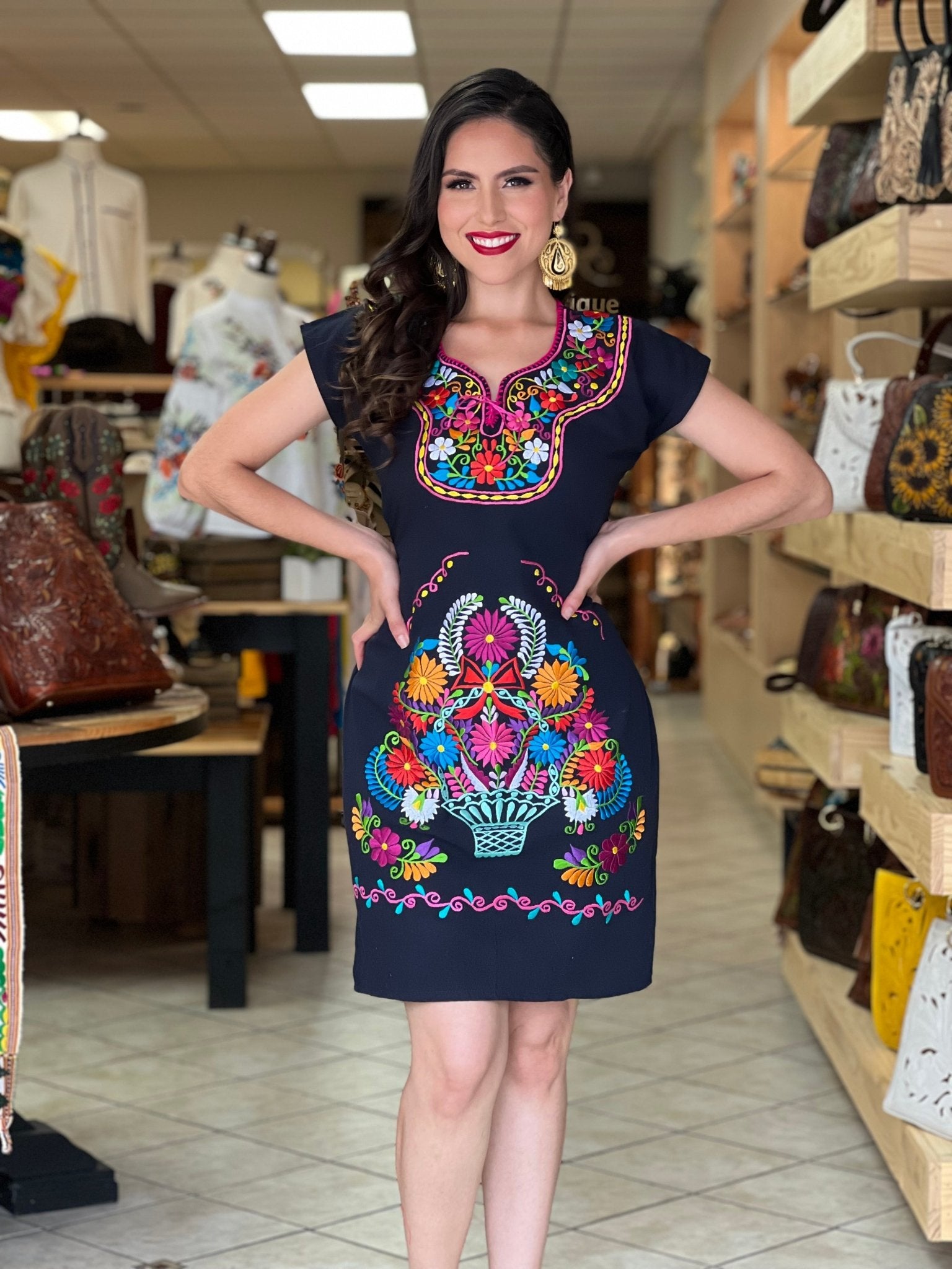 Mexican Floral Embroidered Midi Kimono Dress. Vestido Kimono Corto - Solei Store