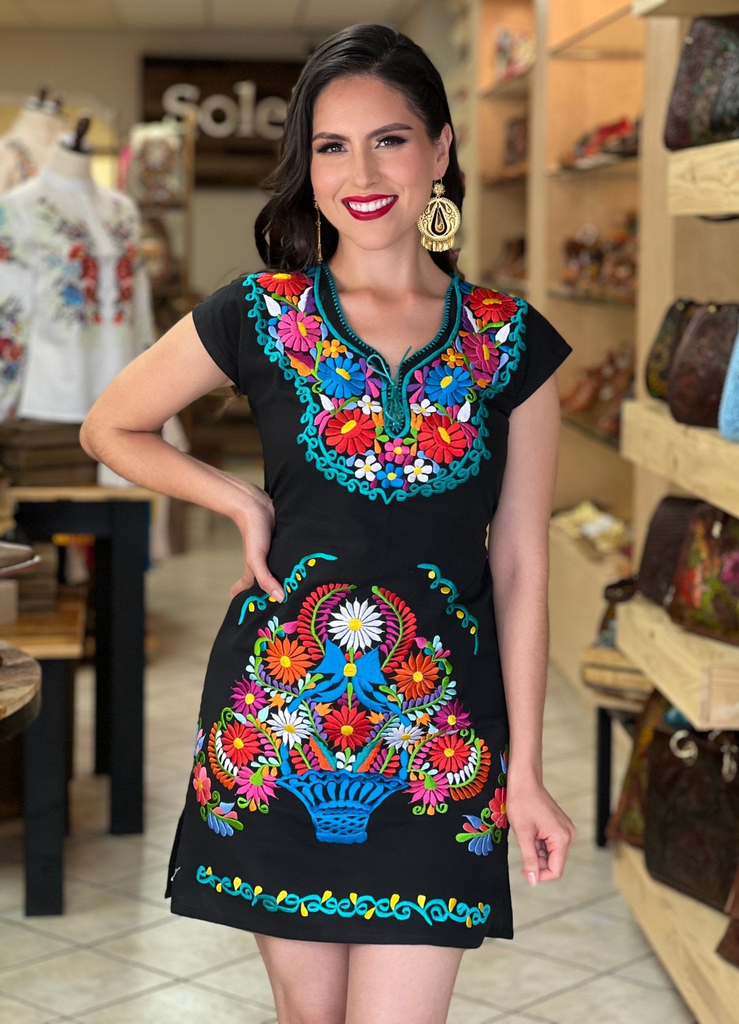 Mexican Floral Embroidered Midi Kimono Dress. Vestido Kimono Corto - Solei Store