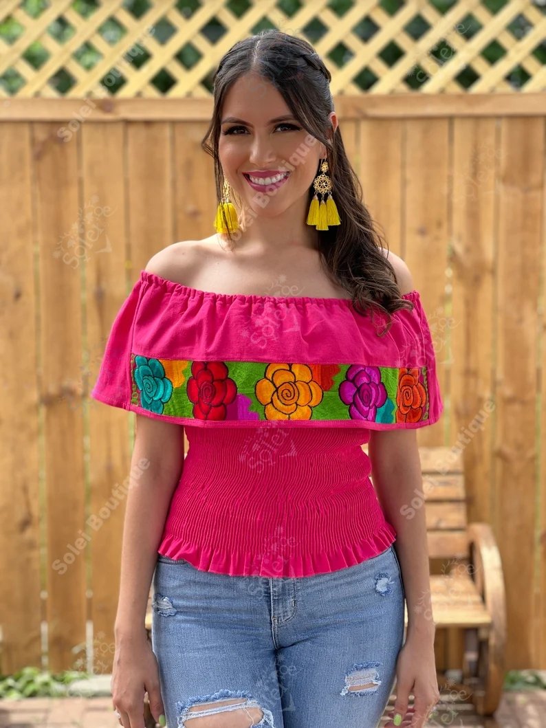 Mexican Floral Embroidered Off the Shoulder Crop Top. Crop Top Zinacatan Multi - Solei Store