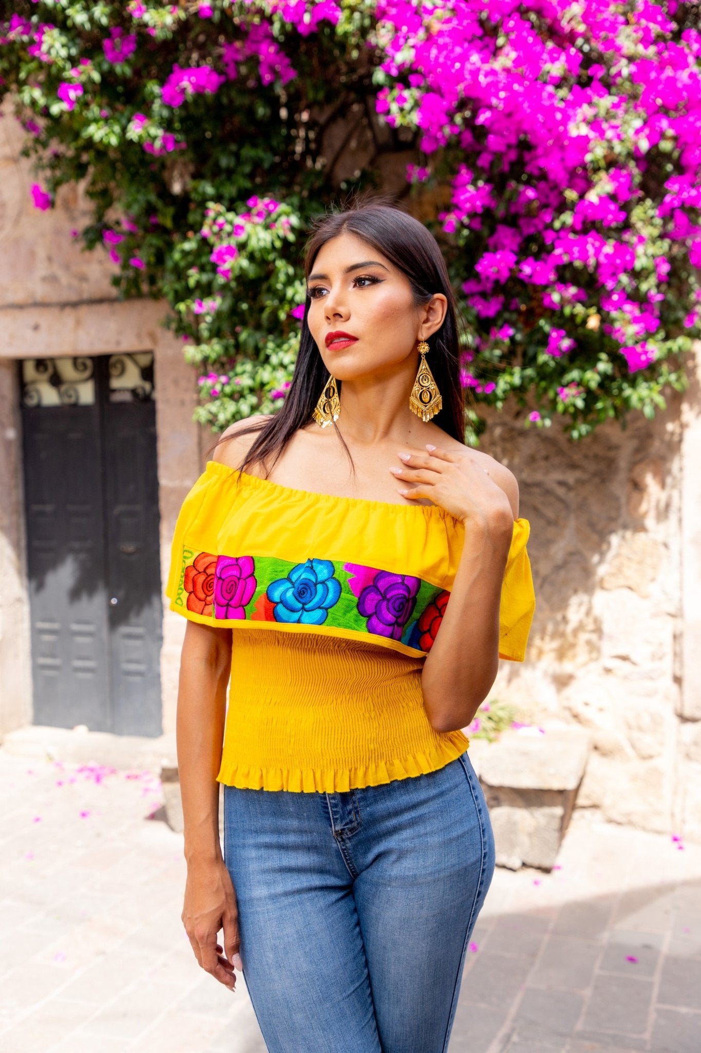 Mexican Floral Embroidered Off the Shoulder Crop Top. Crop Top Zinacatan Multi - Solei Store