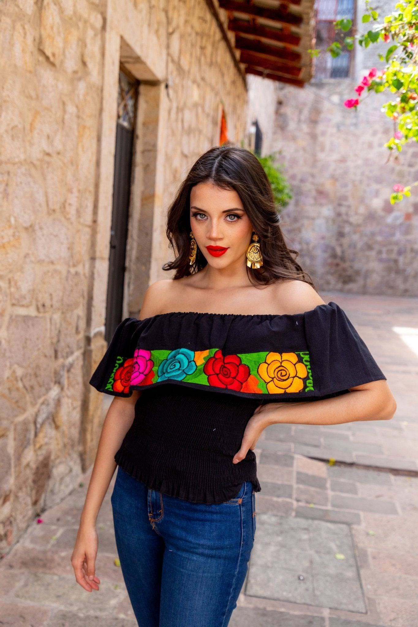 Mexican Floral Embroidered Off the Shoulder Crop Top. Crop Top Zinacatan Multi - Solei Store