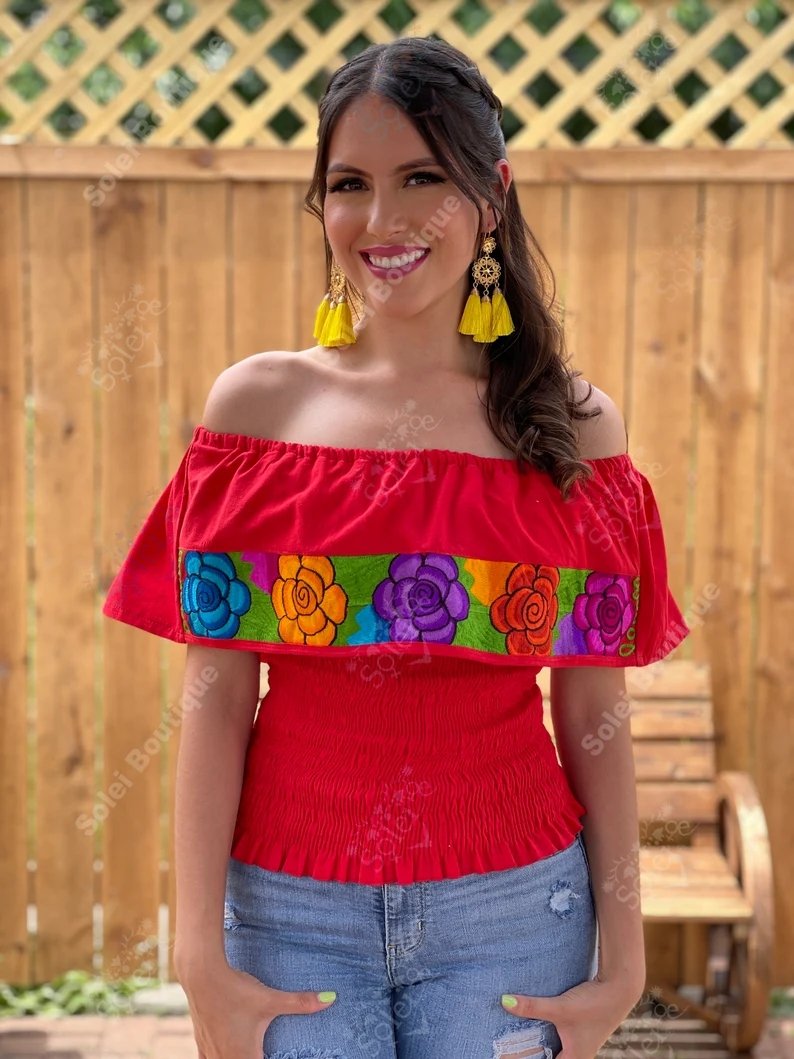 Mexican Floral Embroidered Off the Shoulder Crop Top. Crop Top Zinacatan Multi - Solei Store