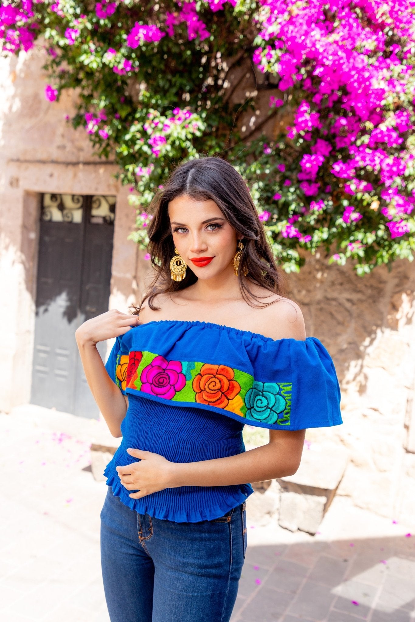 Mexican Floral Embroidered Off the Shoulder Crop Top. Crop Top Zinacatan Multi - Solei Store