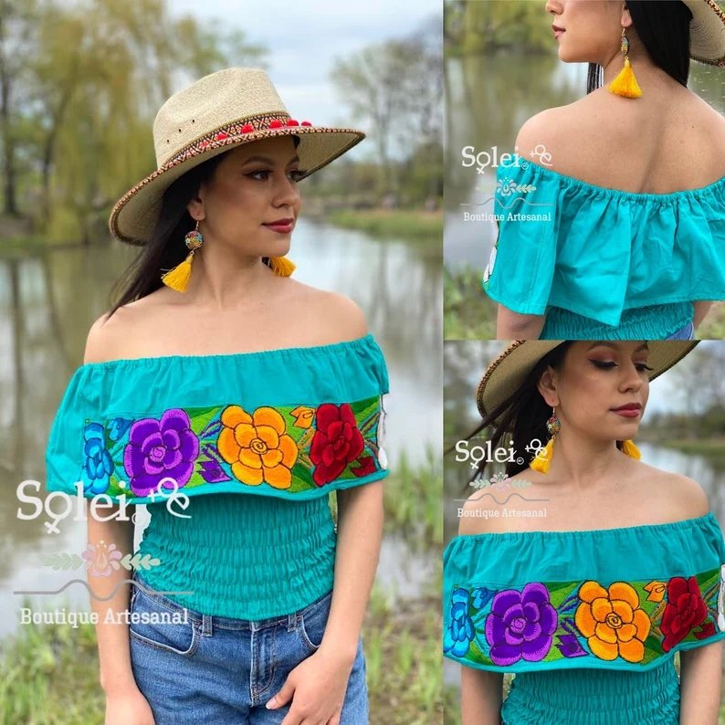 Mexican Floral Embroidered Off the Shoulder Crop Top. Crop Top Zinacatan Multi - Solei Store