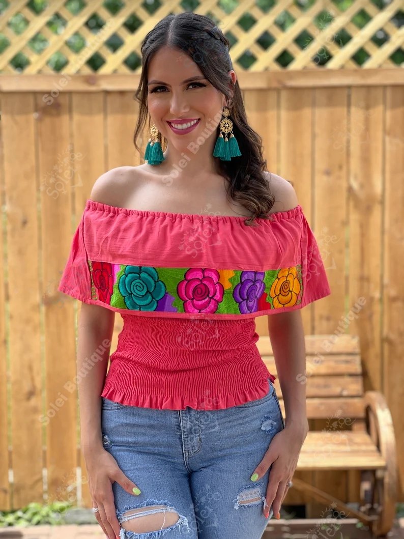 Mexican Floral Embroidered Off the Shoulder Crop Top. Crop Top Zinacatan Multi - Solei Store