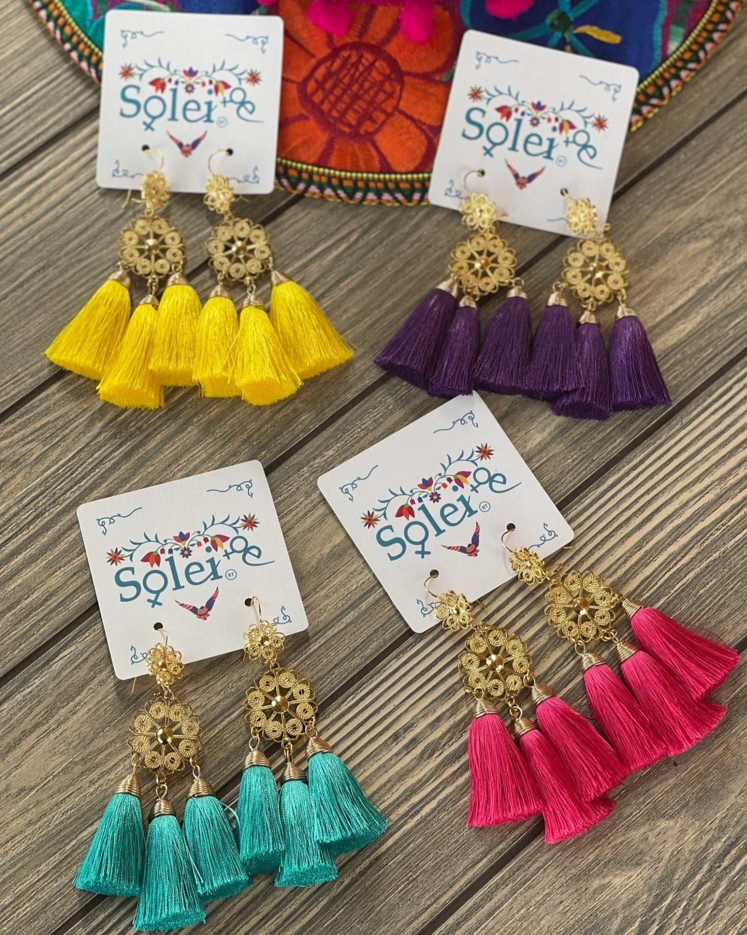 Mexican Floral Filigree Earrings. Tassel Earrings. Traditional Mexican Earrings. Arete Flor Borlas - Solei Store