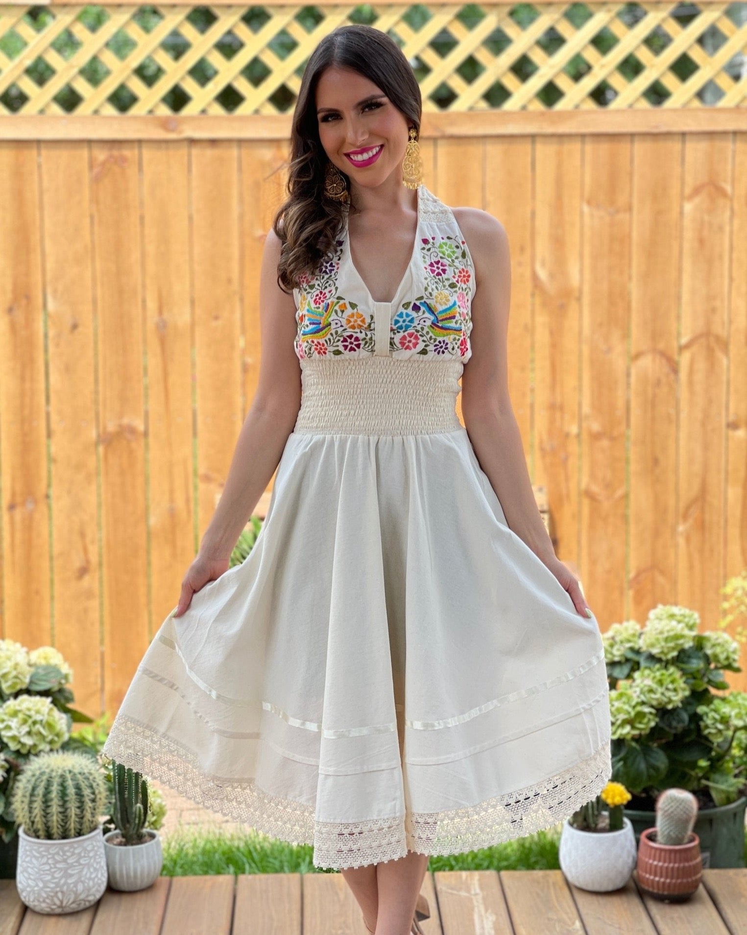 Mexican floral Embroidered halter dress in Beige with Multicolor embroidery.
