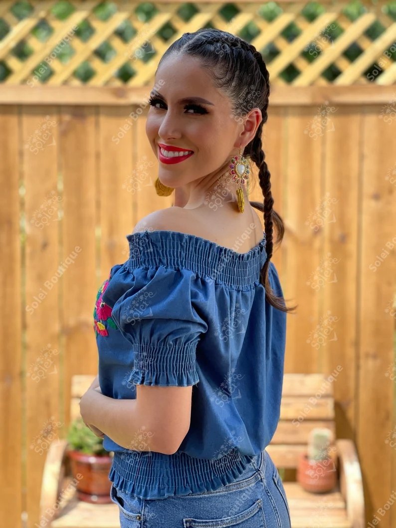 Mexican Floral Hand Embroidered Denim Blouse. Sasha Denim Blouse - Solei Store