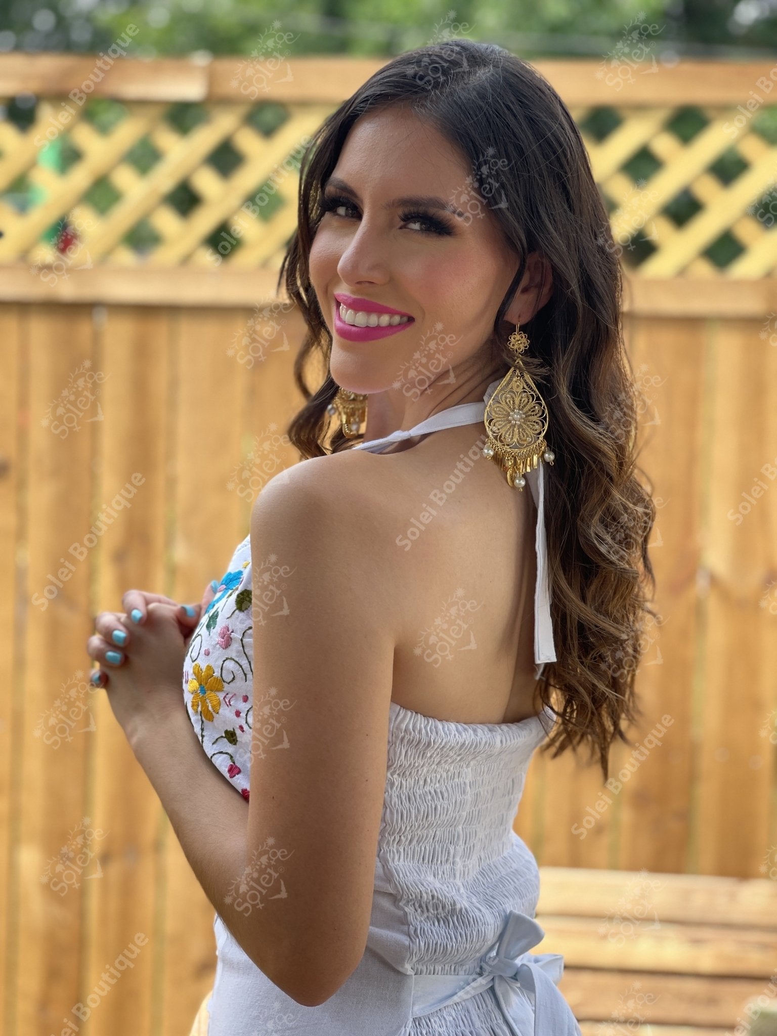 Mexican Floral Hand Embroidered Halter Dress in White with multicolor embroidery