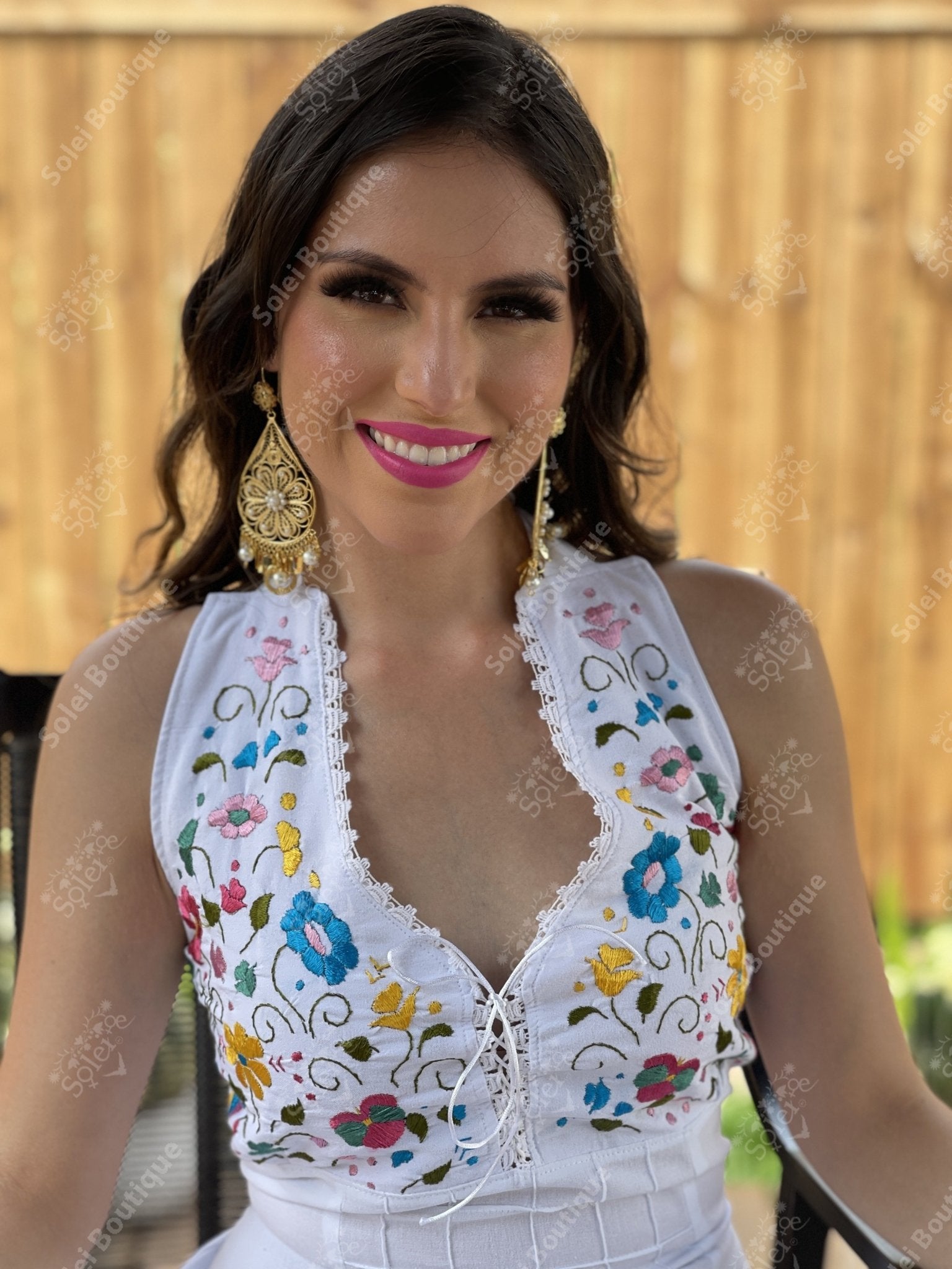 Mexican Floral Hand Embroidered Halter Dress in White with multicolor embroidery