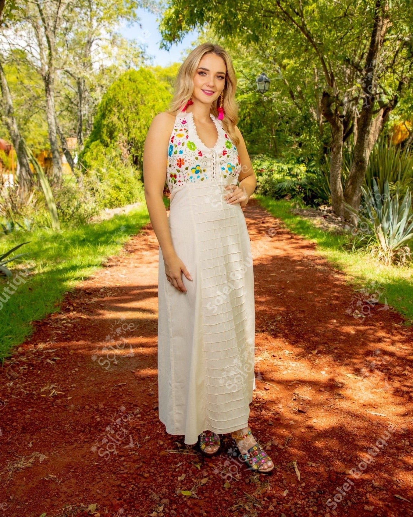 Mexican Floral Hand Embroidered Halter Dress in Beige with multicolor embroidery