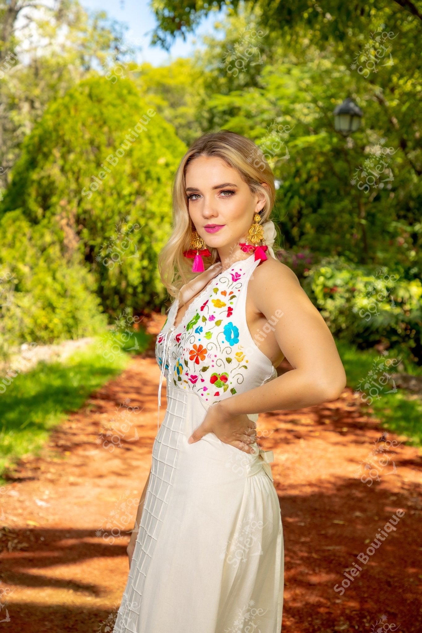 Mexican Floral Hand Embroidered Halter Dress in Beige with multicolor embroidery