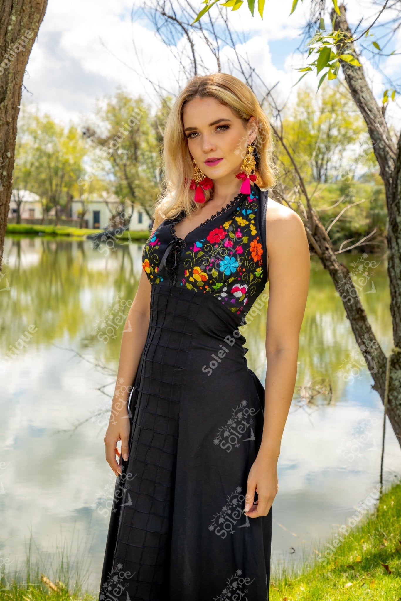 Mexican Floral Hand Embroidered Halter Dress in Black with multicolor embroidery