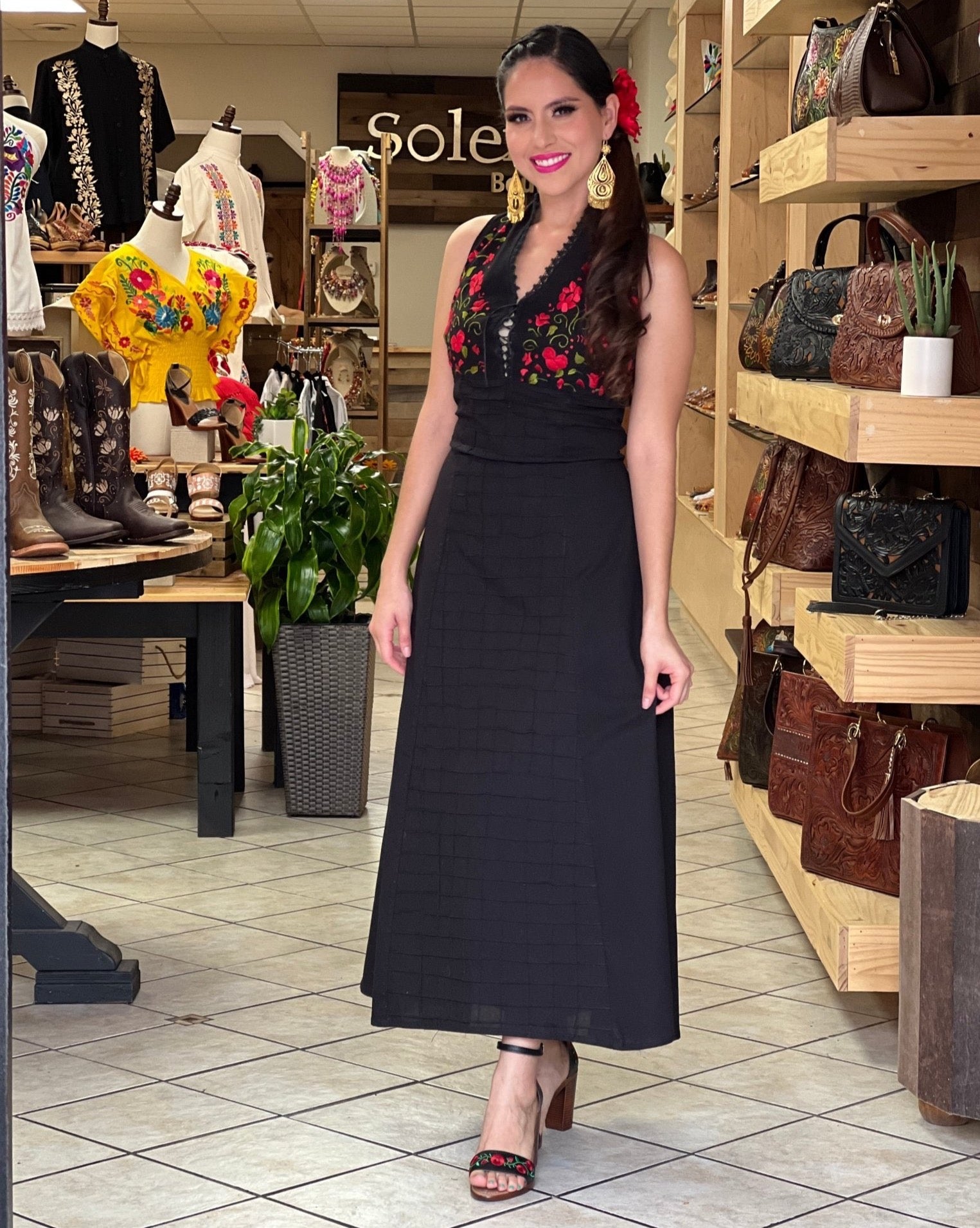 Mexican Floral Hand Embroidered Halter Dress. Cristy Dress. - Solei Store