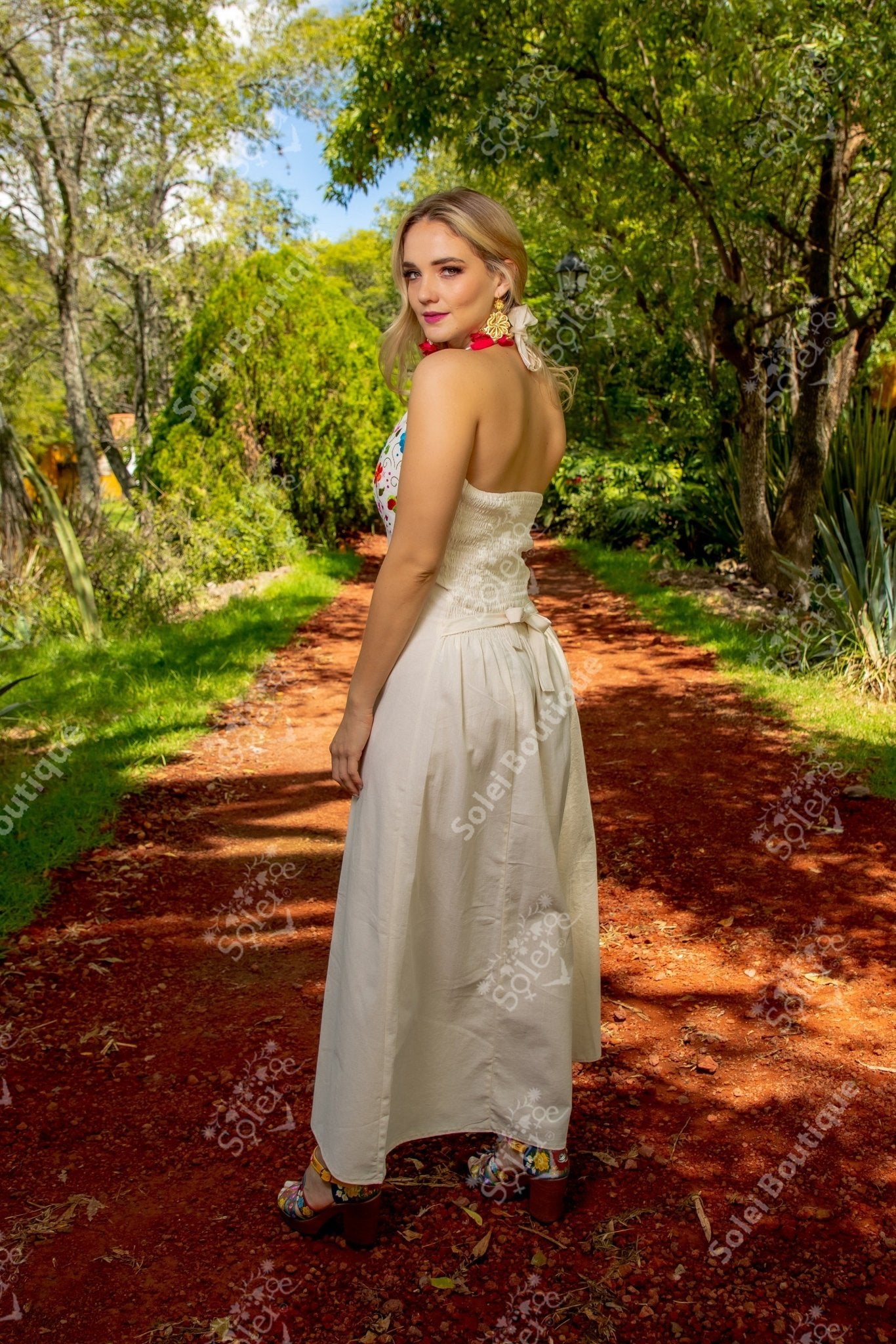 Mexican Floral Hand Embroidered Halter Dress in Beige with multicolor embroidery
