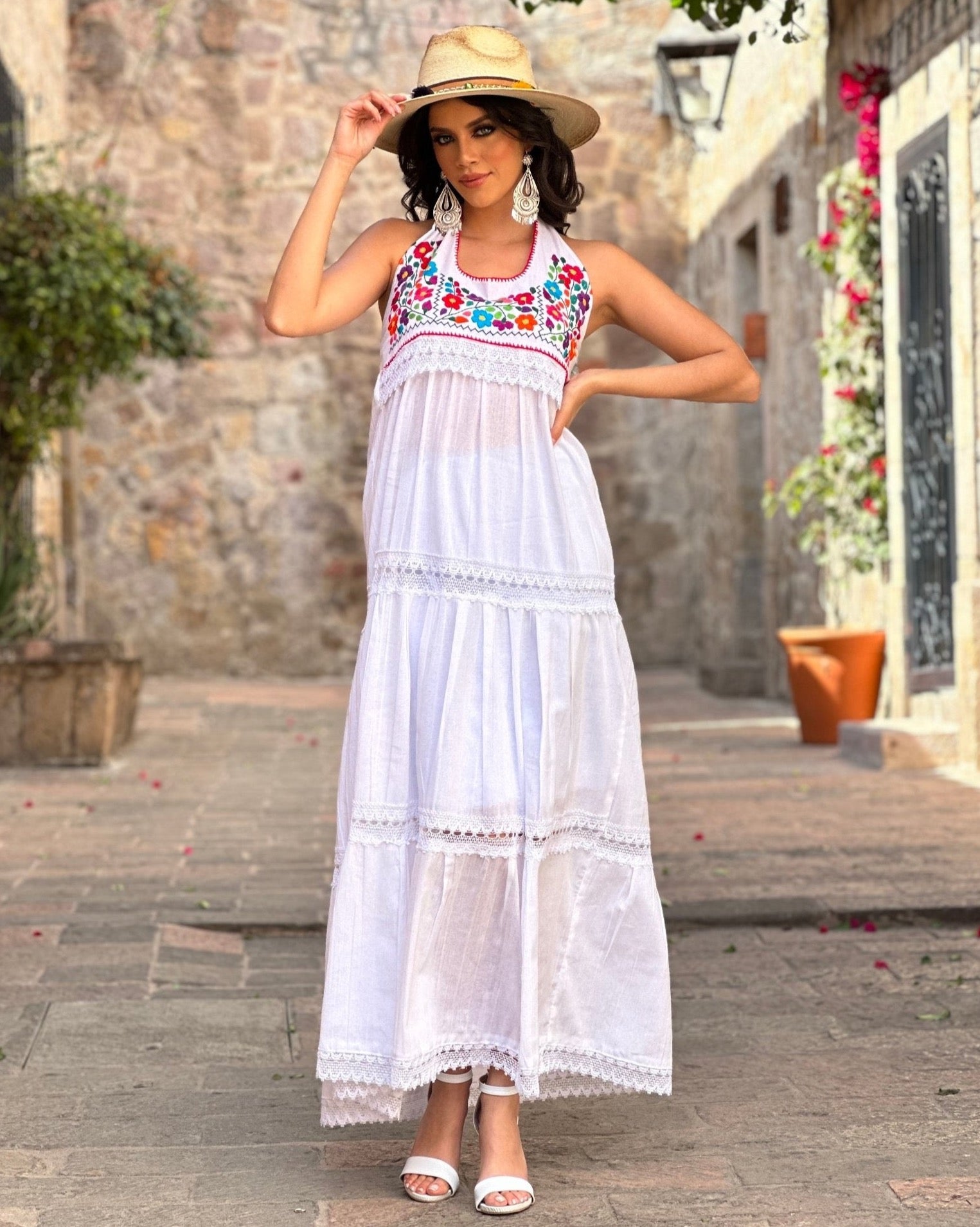 Mexican Floral Hand Embroidered Halter Dress. Penelope Halter Dress. - Solei Store