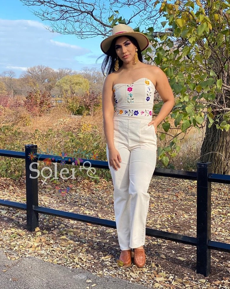 Mexican Floral Hand Embroidered Jumpsuit. Jumpsuit Strapless. - Solei Store