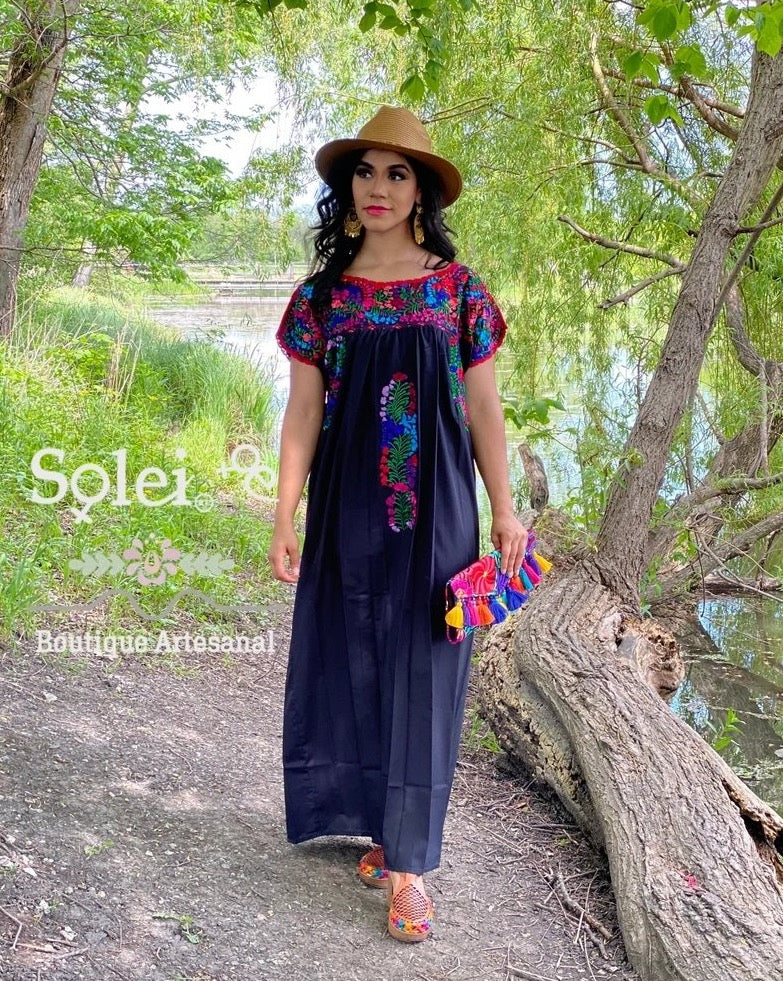 Mexican Floral Hand Embroidered Maxi Dress. San Antonino Dress - Solei Store