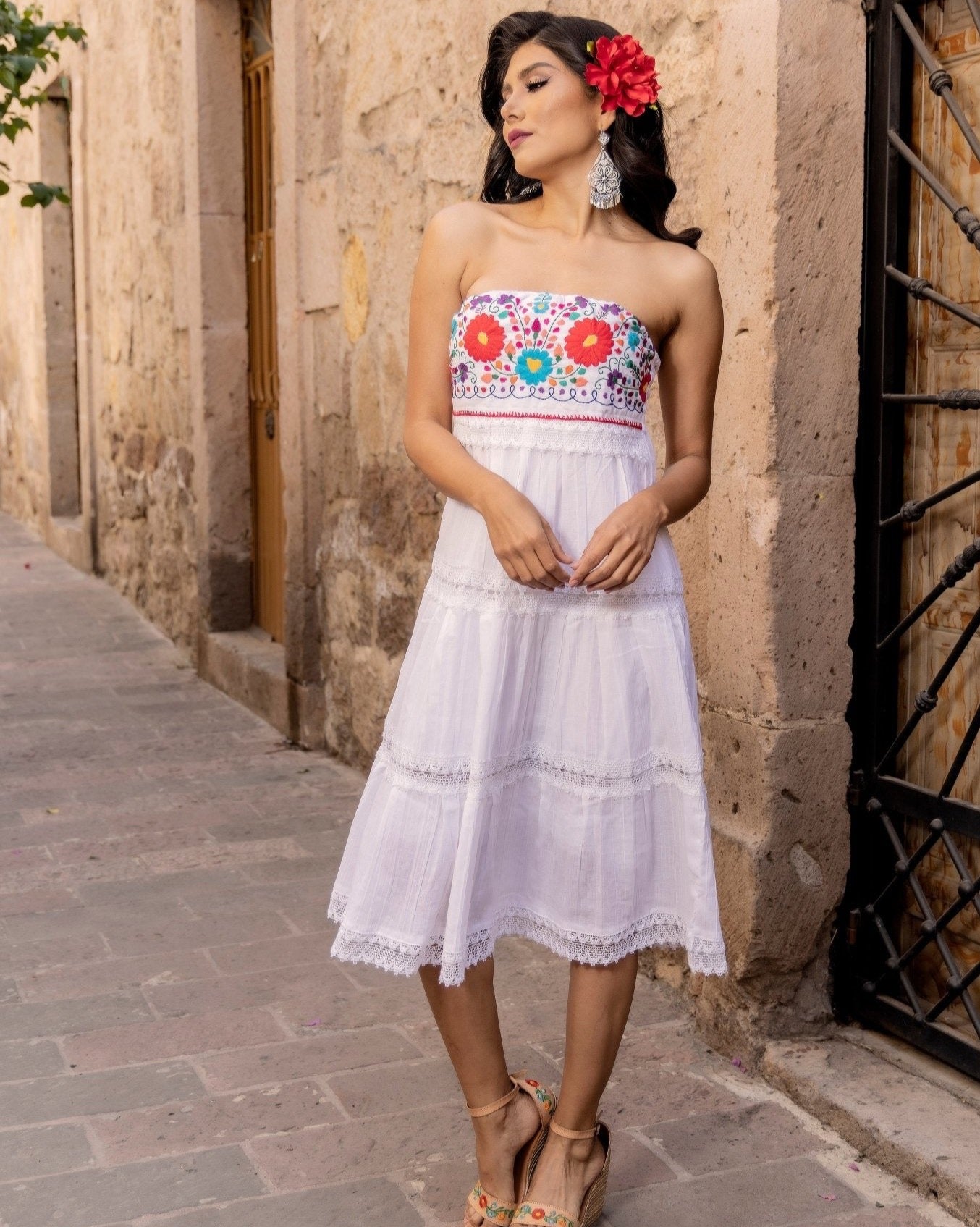 Mexican Floral Hand Embroidered Strapless Dress. Penelope Short Dress. - Solei Store