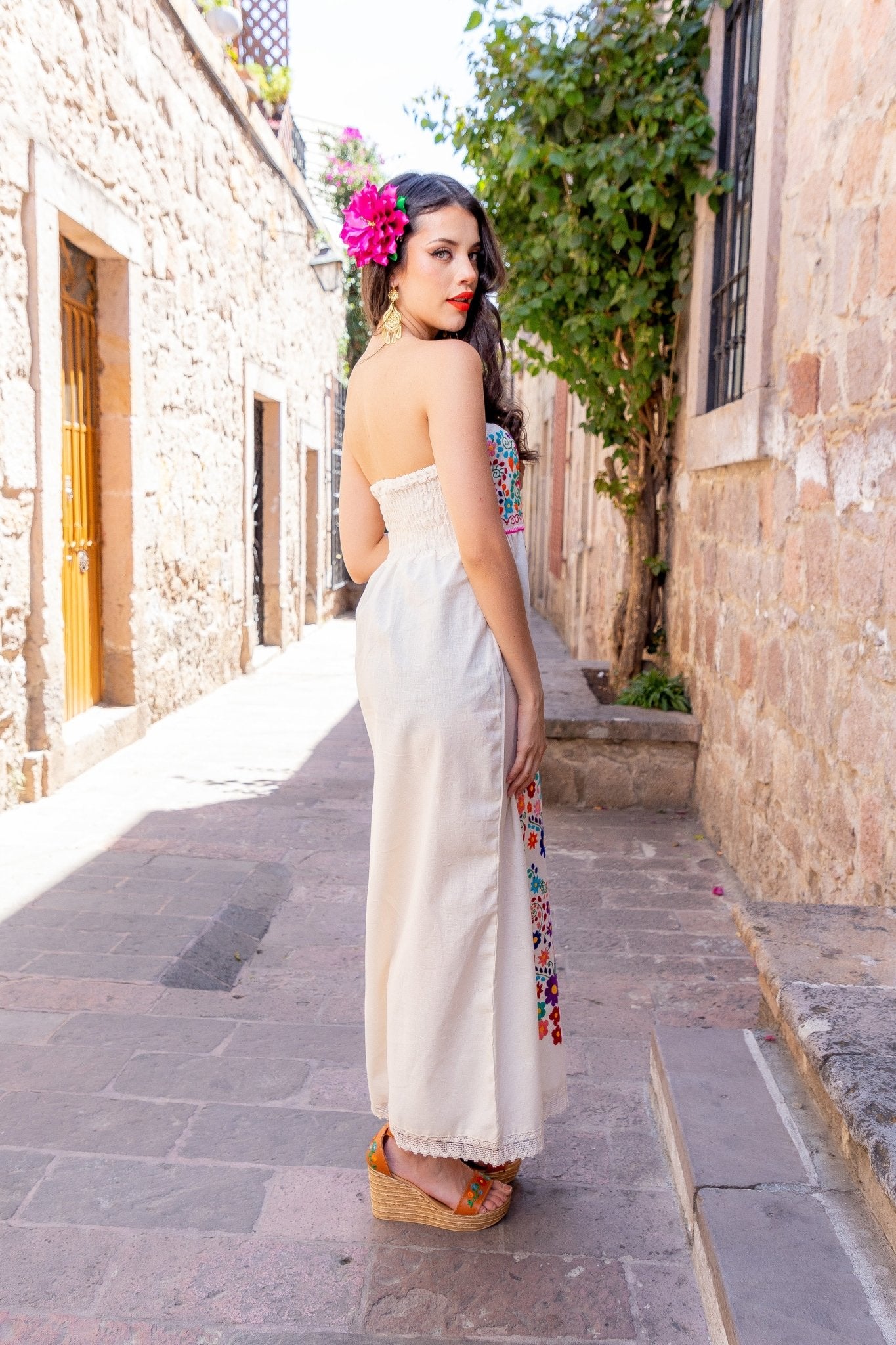 Mexican Floral Hand Embroidered Strapless Dress. Vestido Leonor. - Solei Store