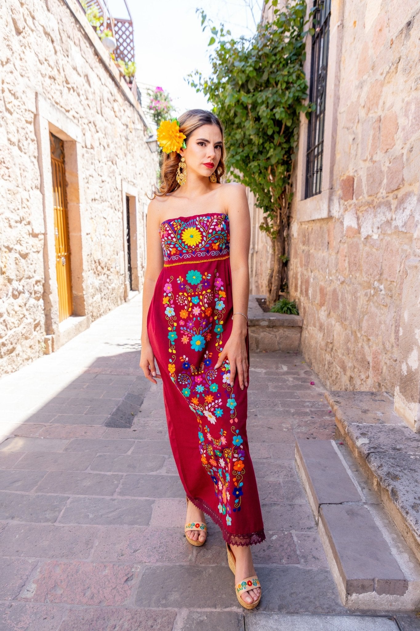 Mexican Floral Hand Embroidered Strapless Dress. Vestido Leonor. - Solei Store