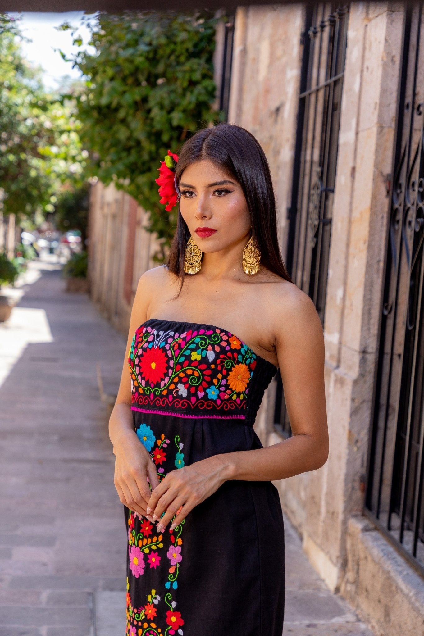 Mexican Floral Hand Embroidered Strapless Dress. Vestido Leonor. - Solei Store