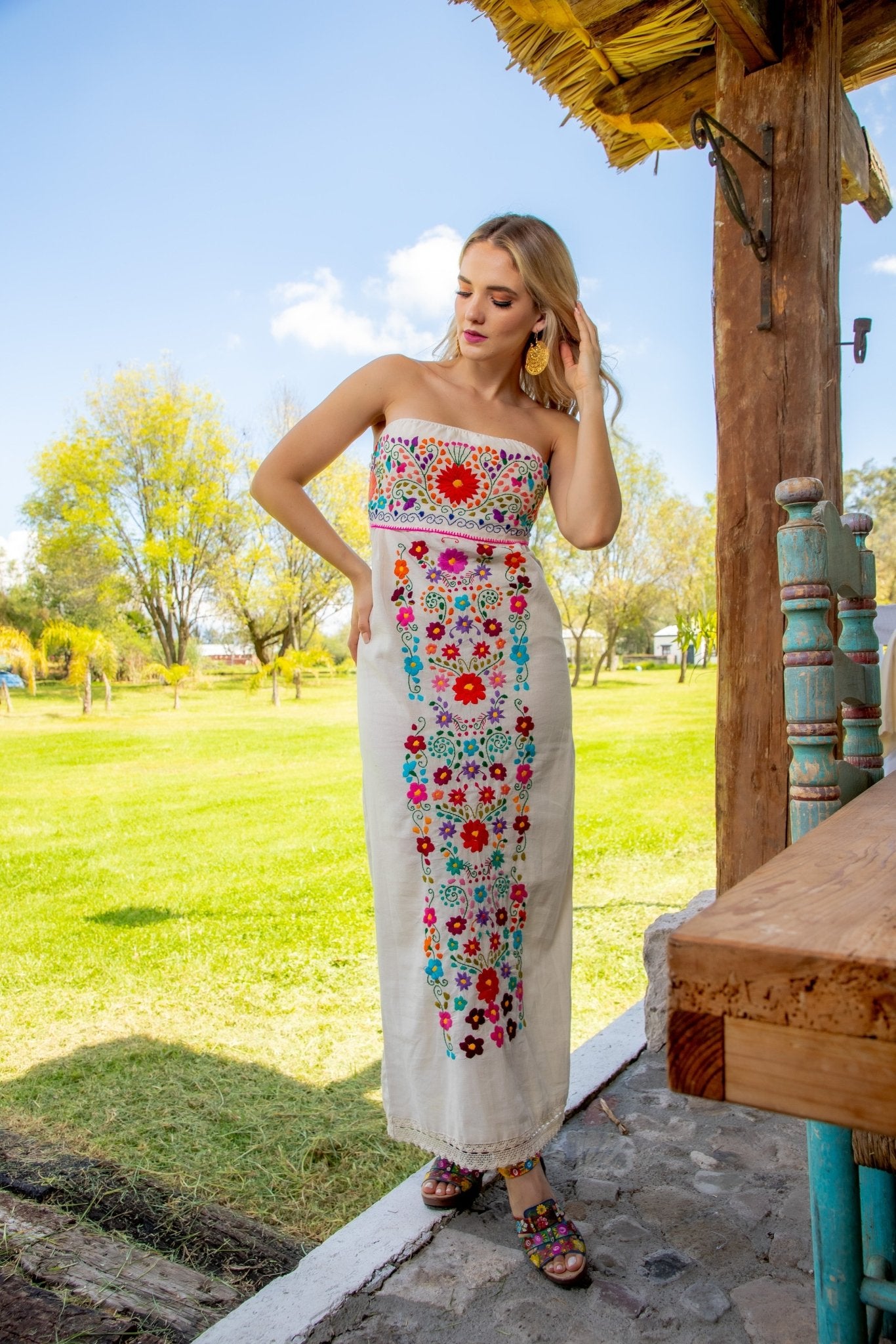 Mexican Floral Hand Embroidered Strapless Dress. Vestido Leonor. - Solei Store