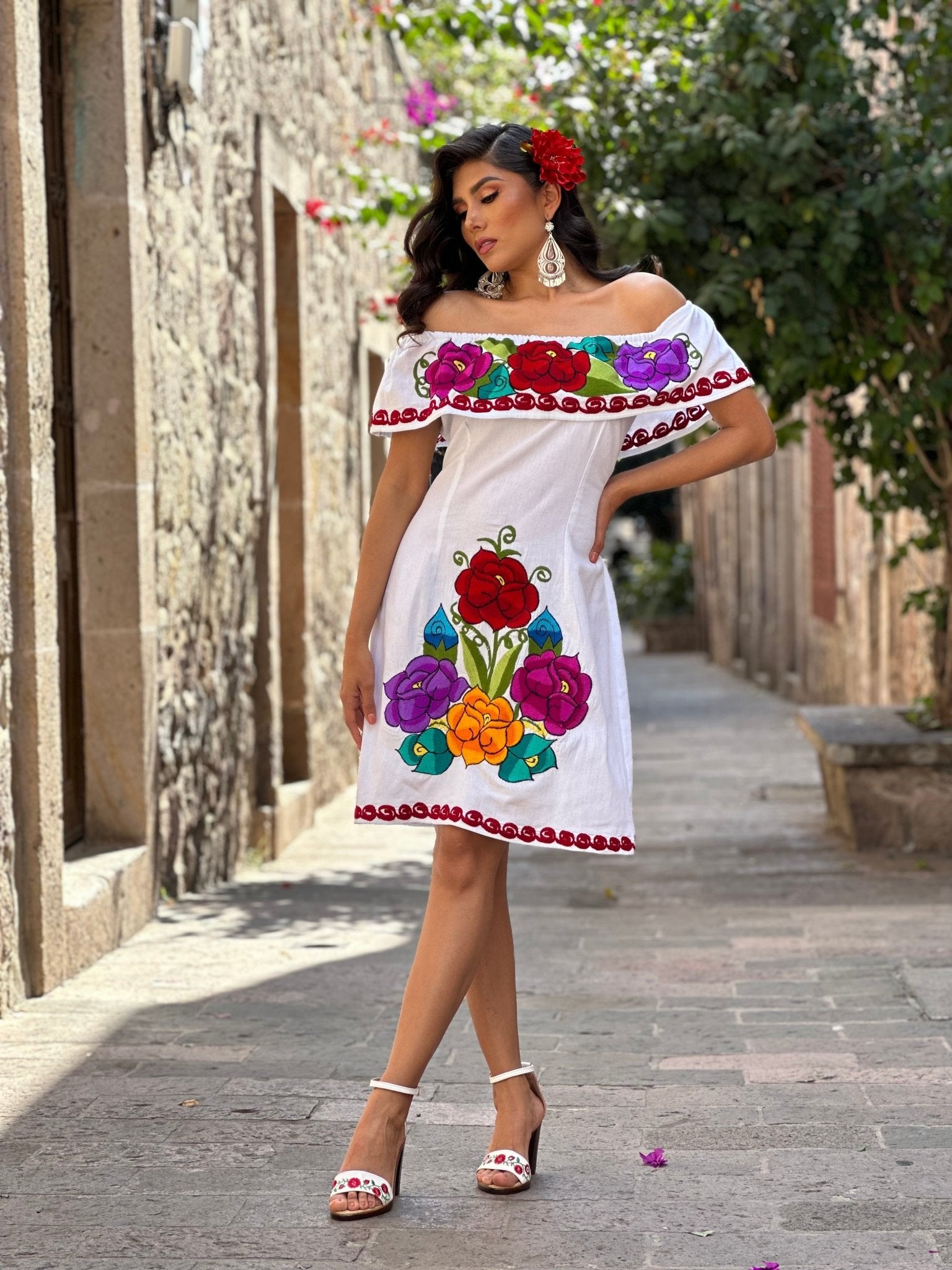 Colorful Mexican Embroidered Dress in White