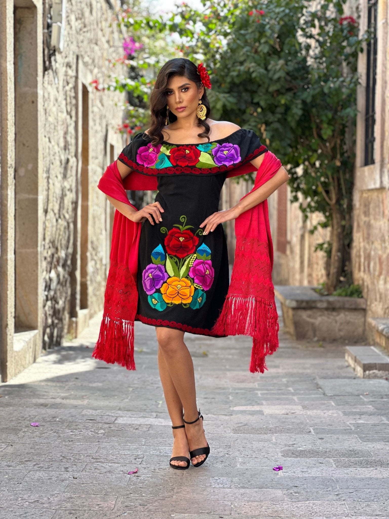Colorful Mexican Embroidered Dress in Black