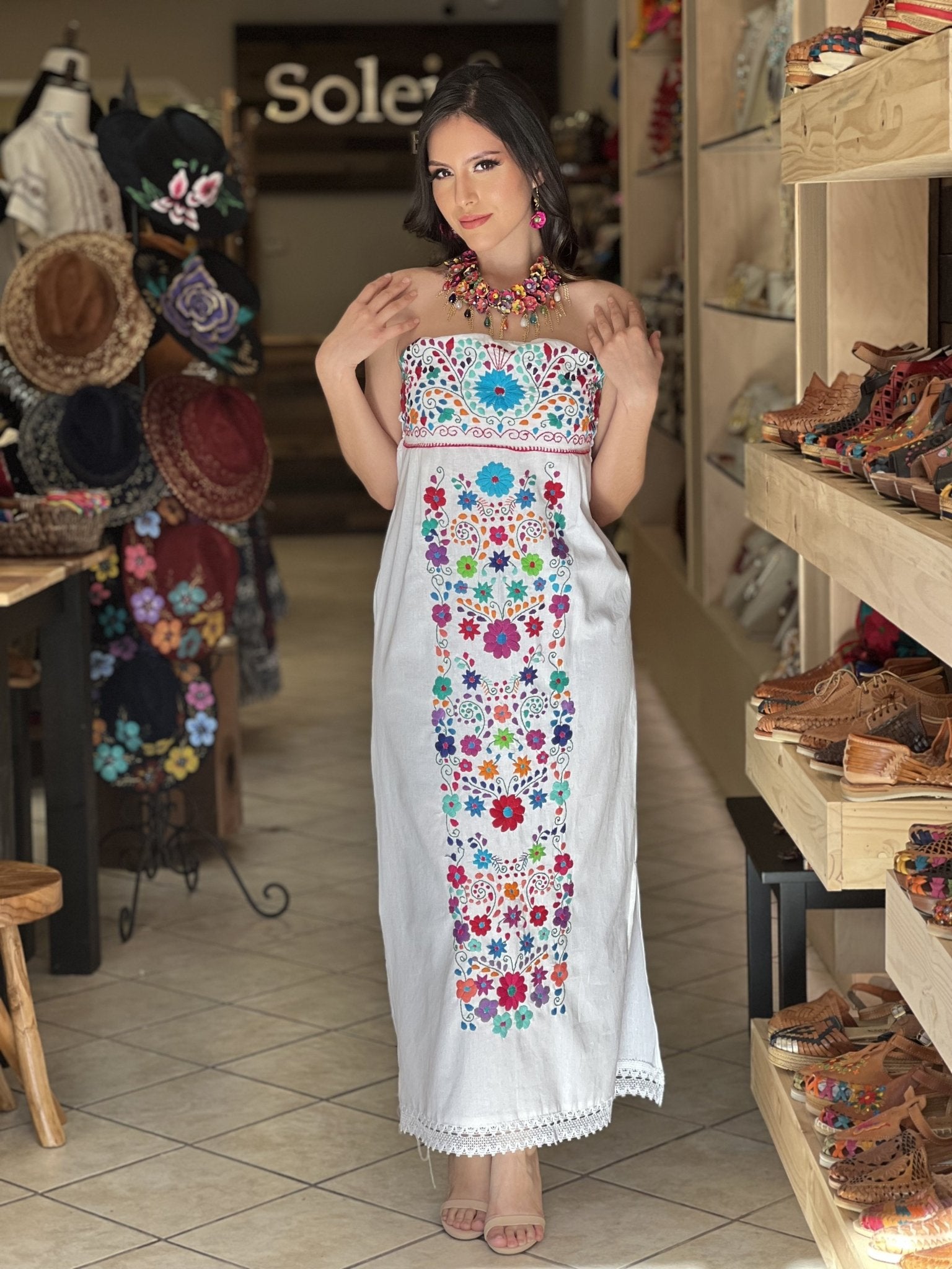 Mexican Floral Strapless Dress. Hand Embroidered Mexican Dress. Mexican Party Dress. Leonor Dress. - Solei Store