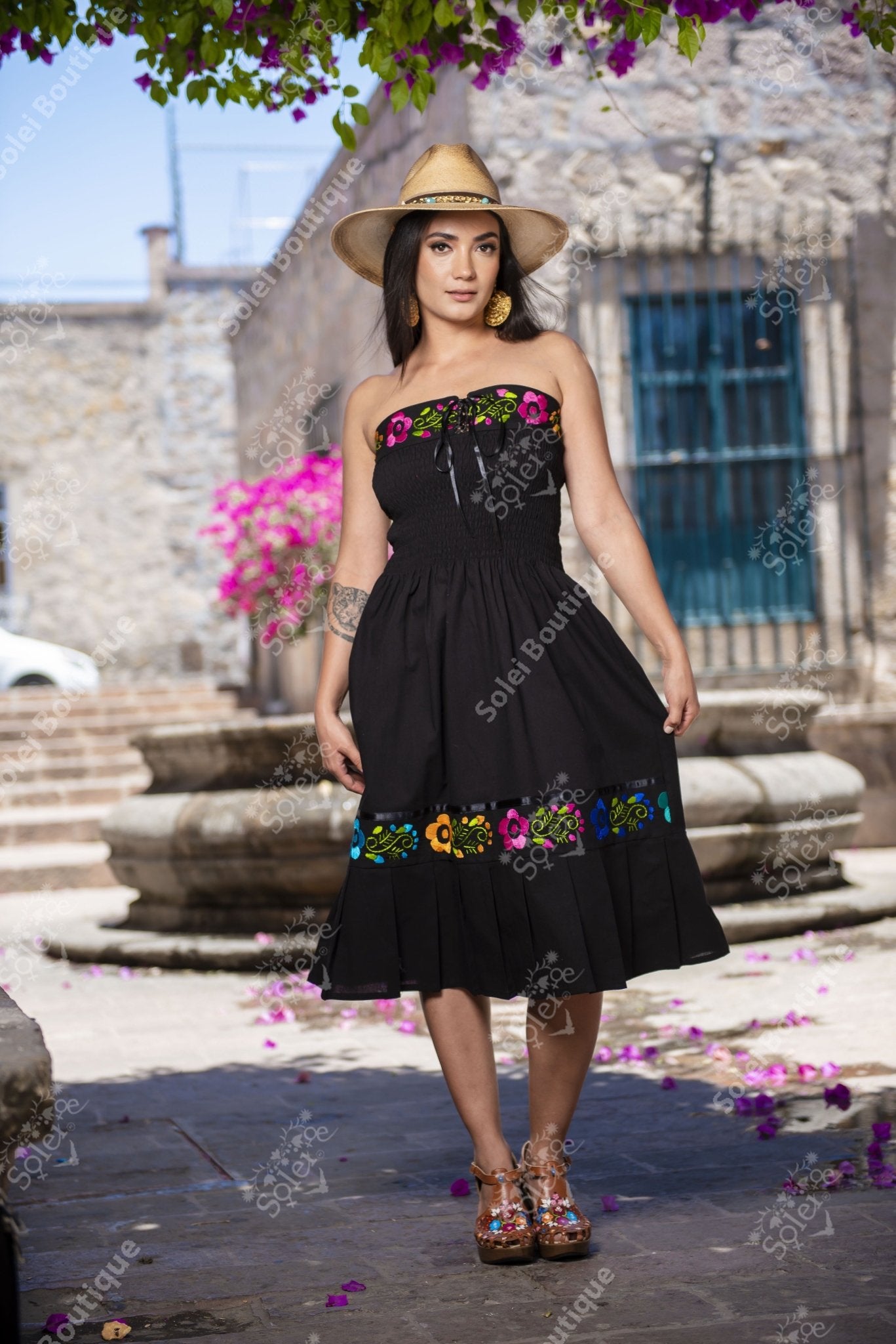 Mexican Floral Strapless Embroidered Mexican Dress in Black with multicolor embroidery
