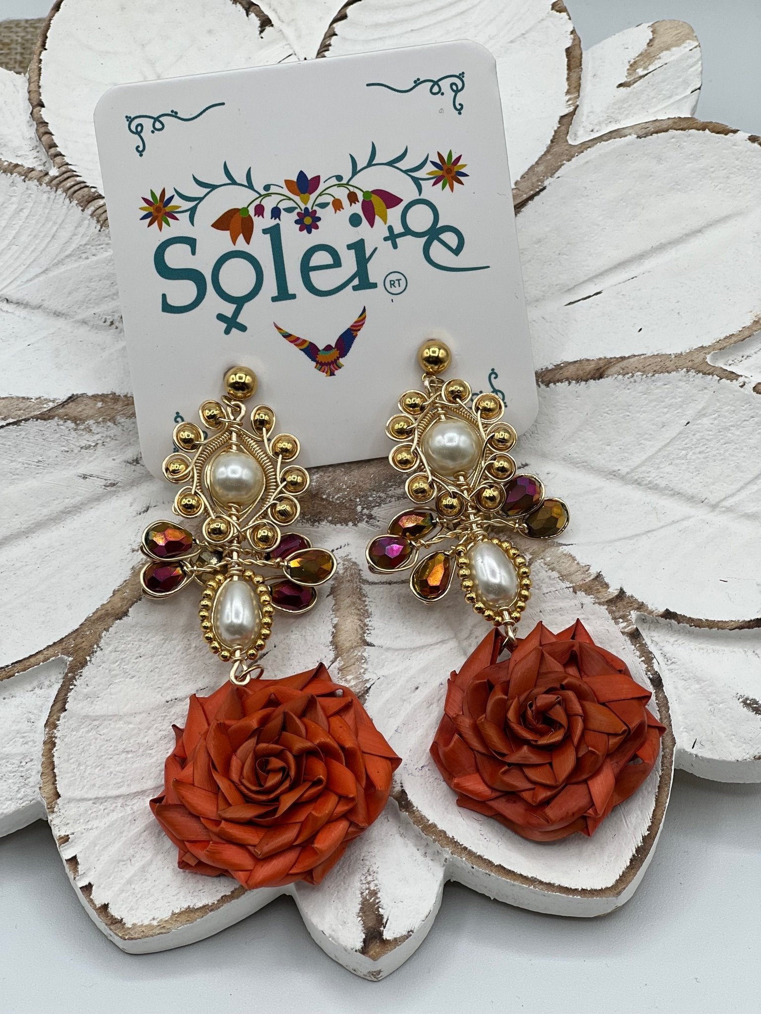 Mexican Flower Palm Leaf Earrings. Maria Victoria Earrings. - Solei Store