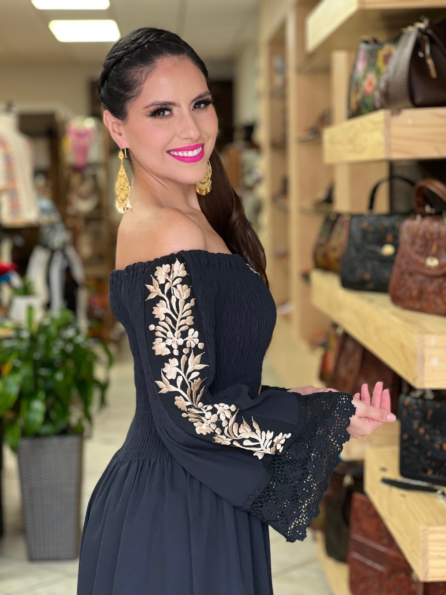 Mexican Golden Embroidered Bell Sleeve Dress in Black with gold embroidery