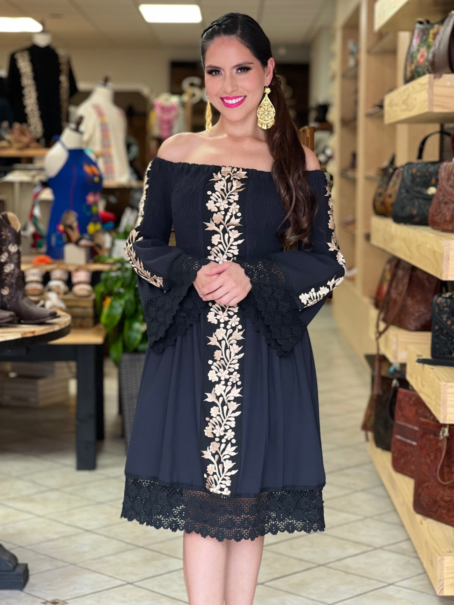 Mexican Golden Embroidered Bell Sleeve Dress in Black with gold embroidery