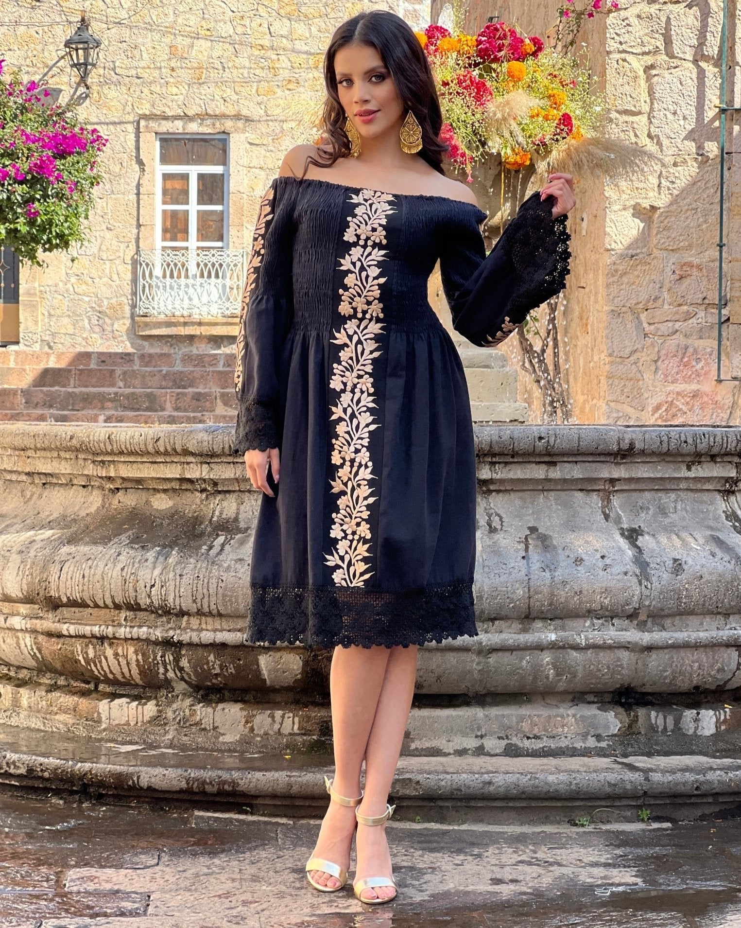 Mexican Golden Embroidered Bell Sleeve Dress in Black with gold embroidery