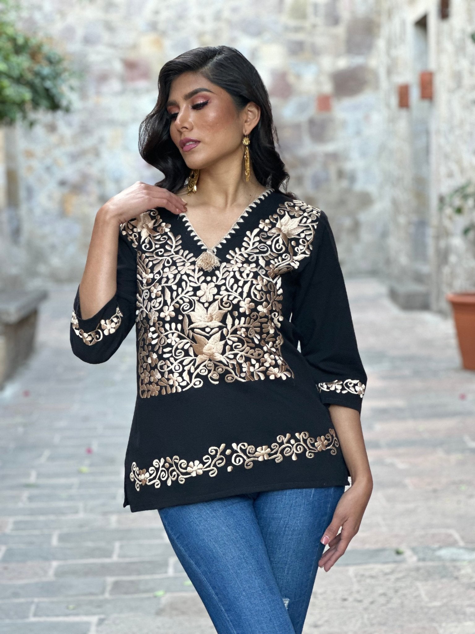 Mexican Golden Embroidered Blouse. Blusa Sara Dorada. - Solei Store