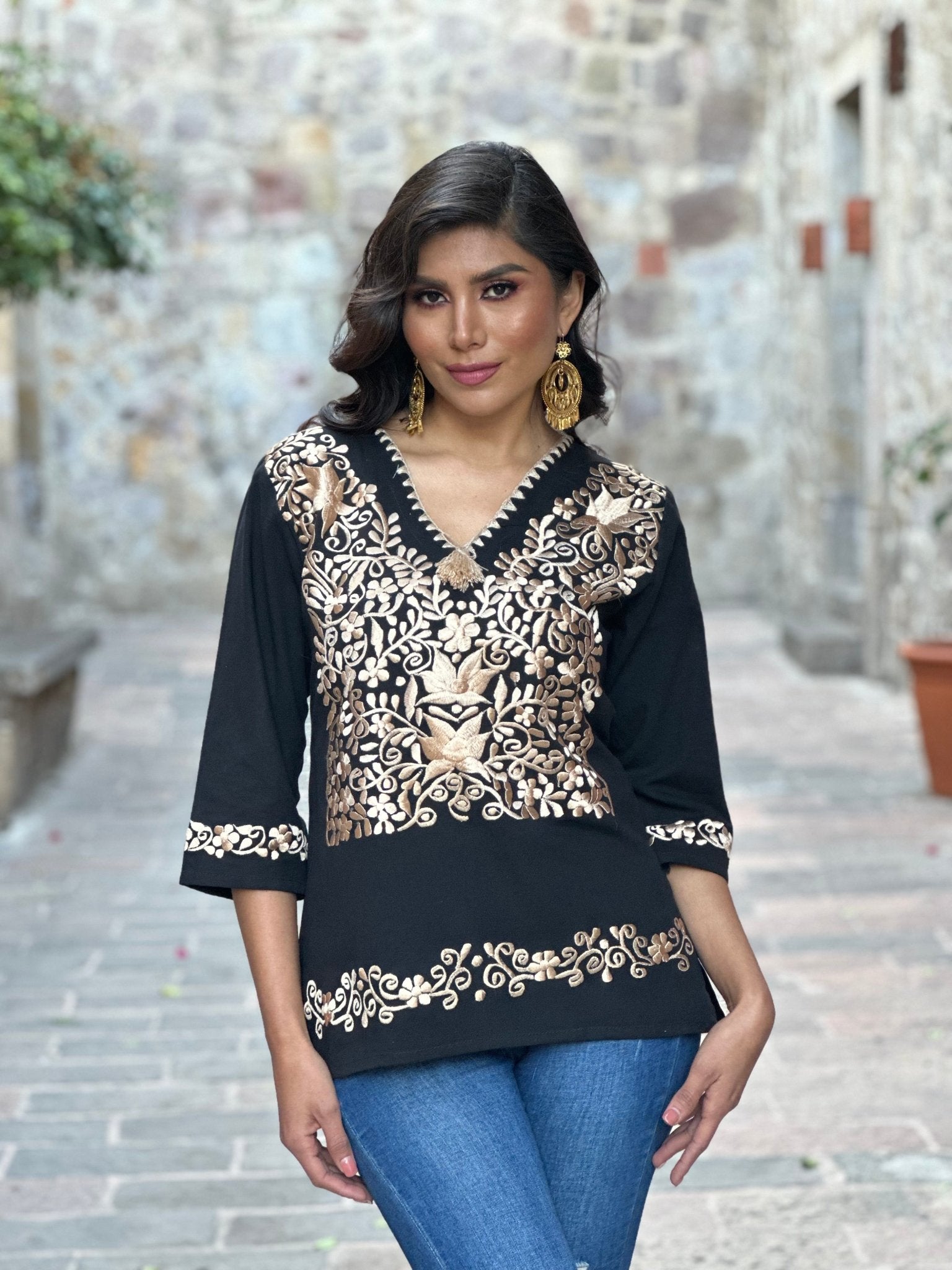 Mexican Golden Embroidered Blouse. Blusa Sara Dorada. - Solei Store