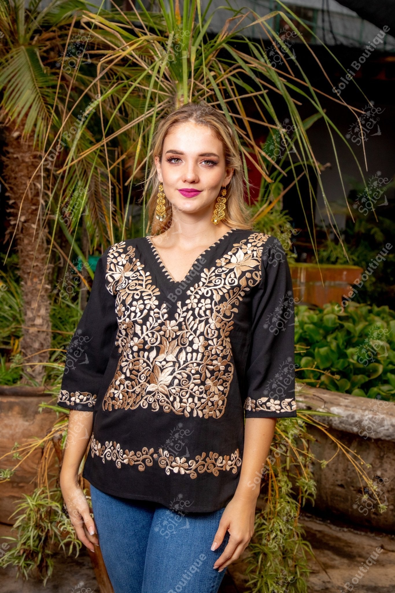 Mexican Golden Embroidered Blouse. Elegant Mexican Blouse. Sara Blouse. - Solei Store