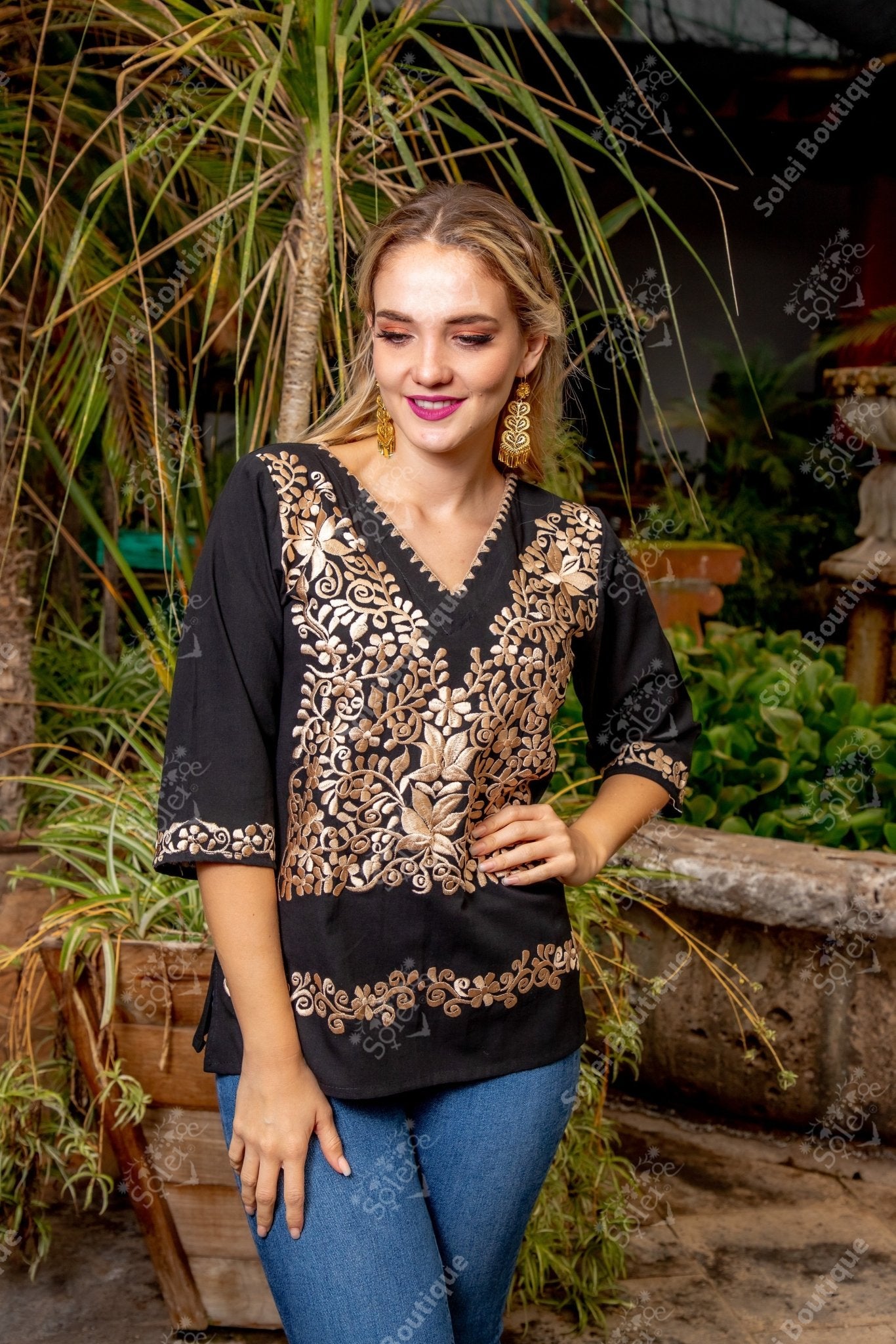 Mexican Golden Embroidered Blouse. Elegant Mexican Blouse. Sara Blouse. - Solei Store