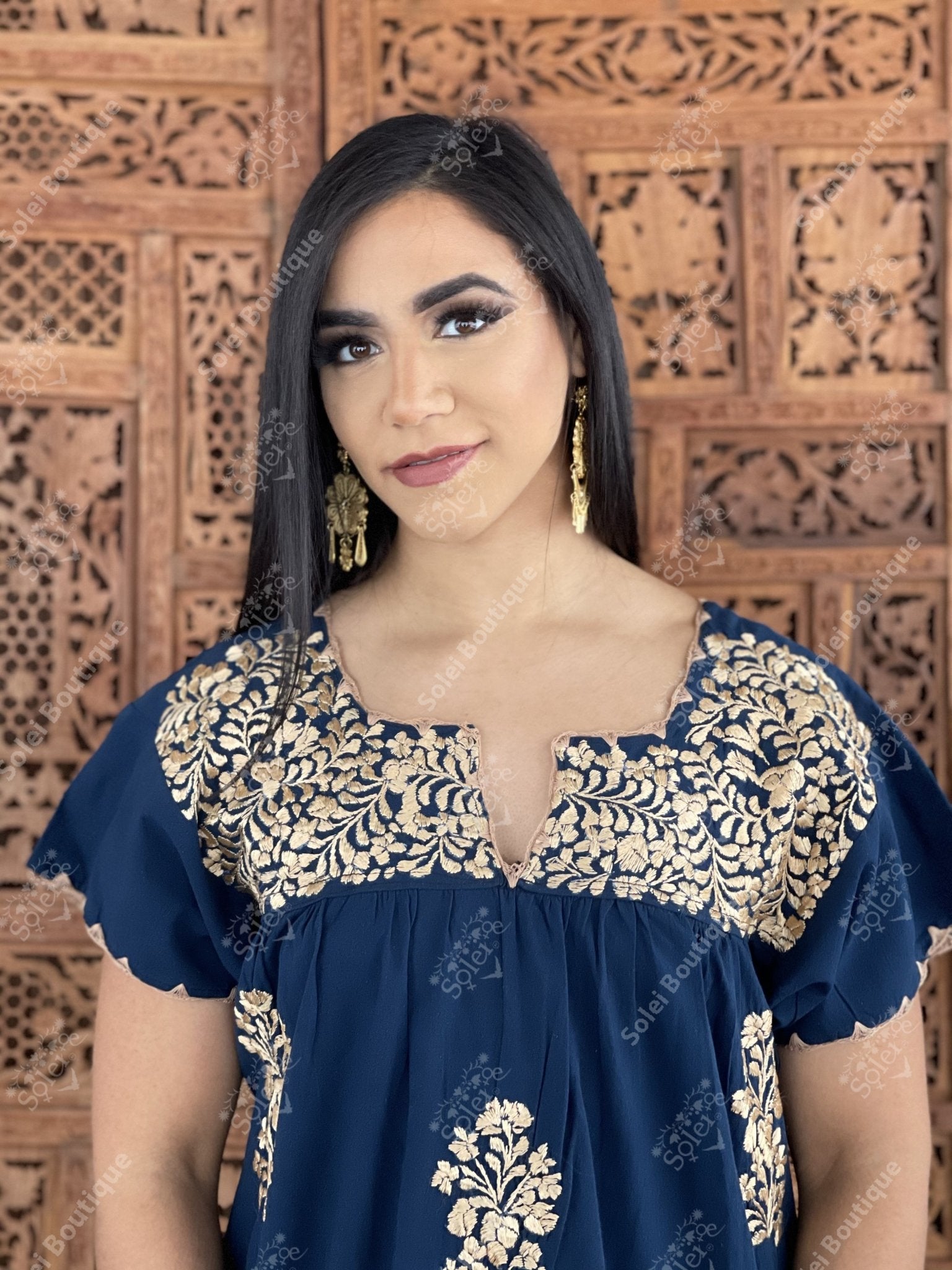 Mexican Golden Embroidered Dress. Hand Embroidered Mexican Dress. Enedina Dress. - Solei Store