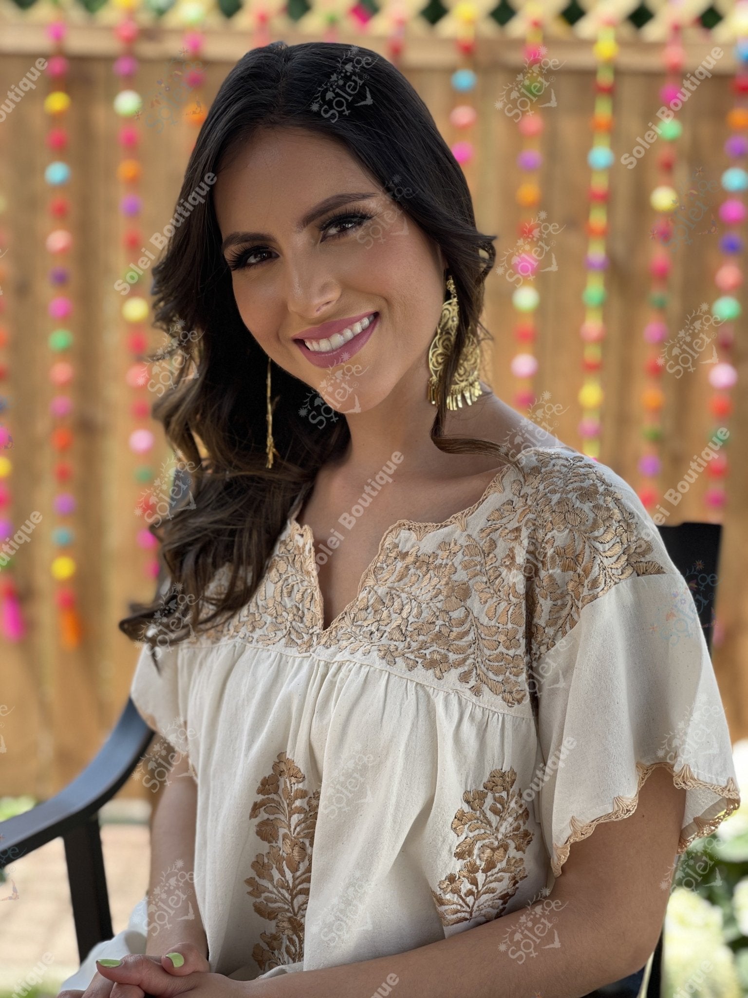 Mexican Golden Embroidered Dress. Hand Embroidered Mexican Dress. Enedina Dress. - Solei Store