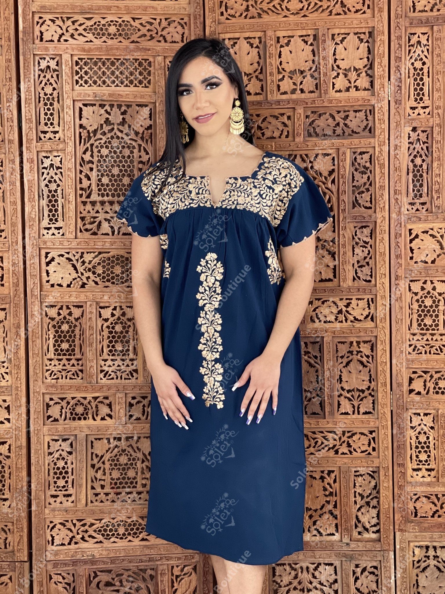 Mexican Golden Embroidered Dress. Hand Embroidered Mexican Dress. Enedina Dress. - Solei Store
