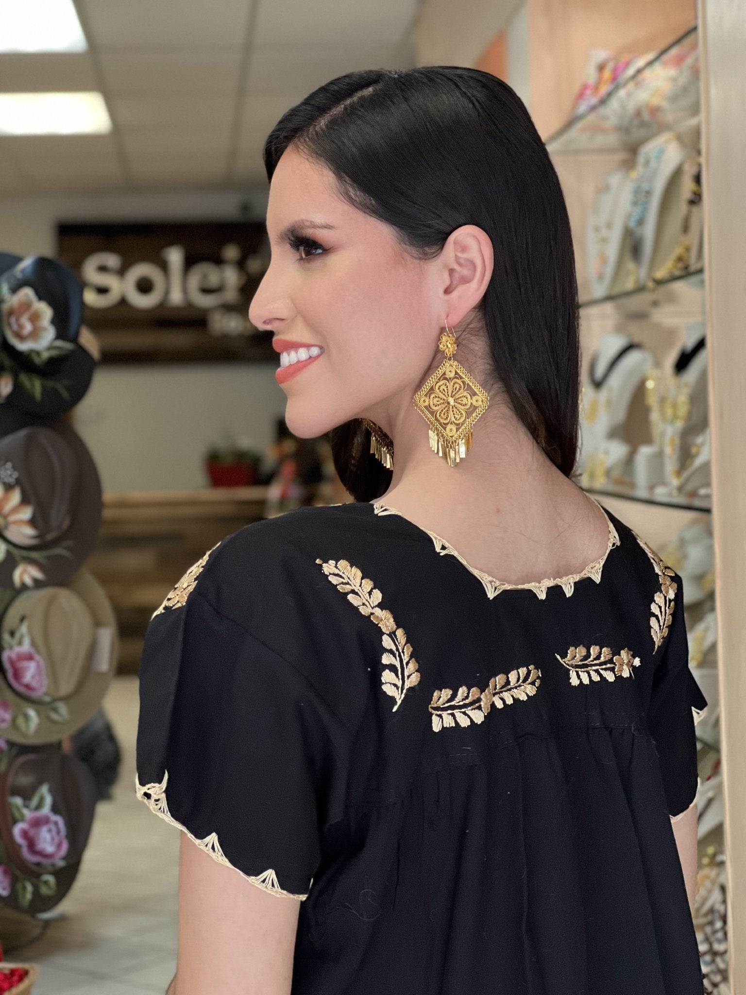 Mexican Golden Embroidered Dress. Hand Embroidered Mexican Dress. Enedina Dress. - Solei Store
